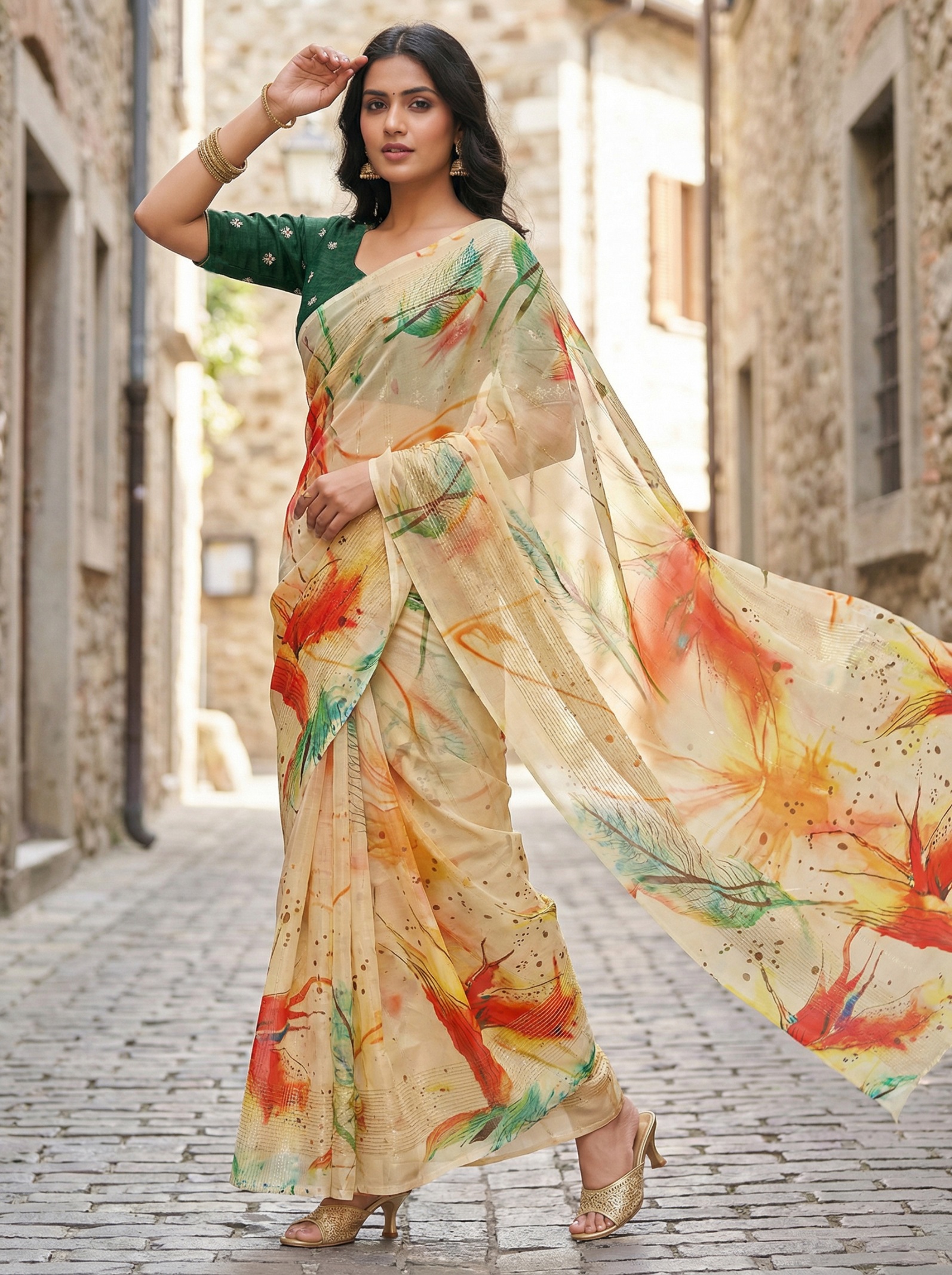Yellow Floral Printed Organza Saree