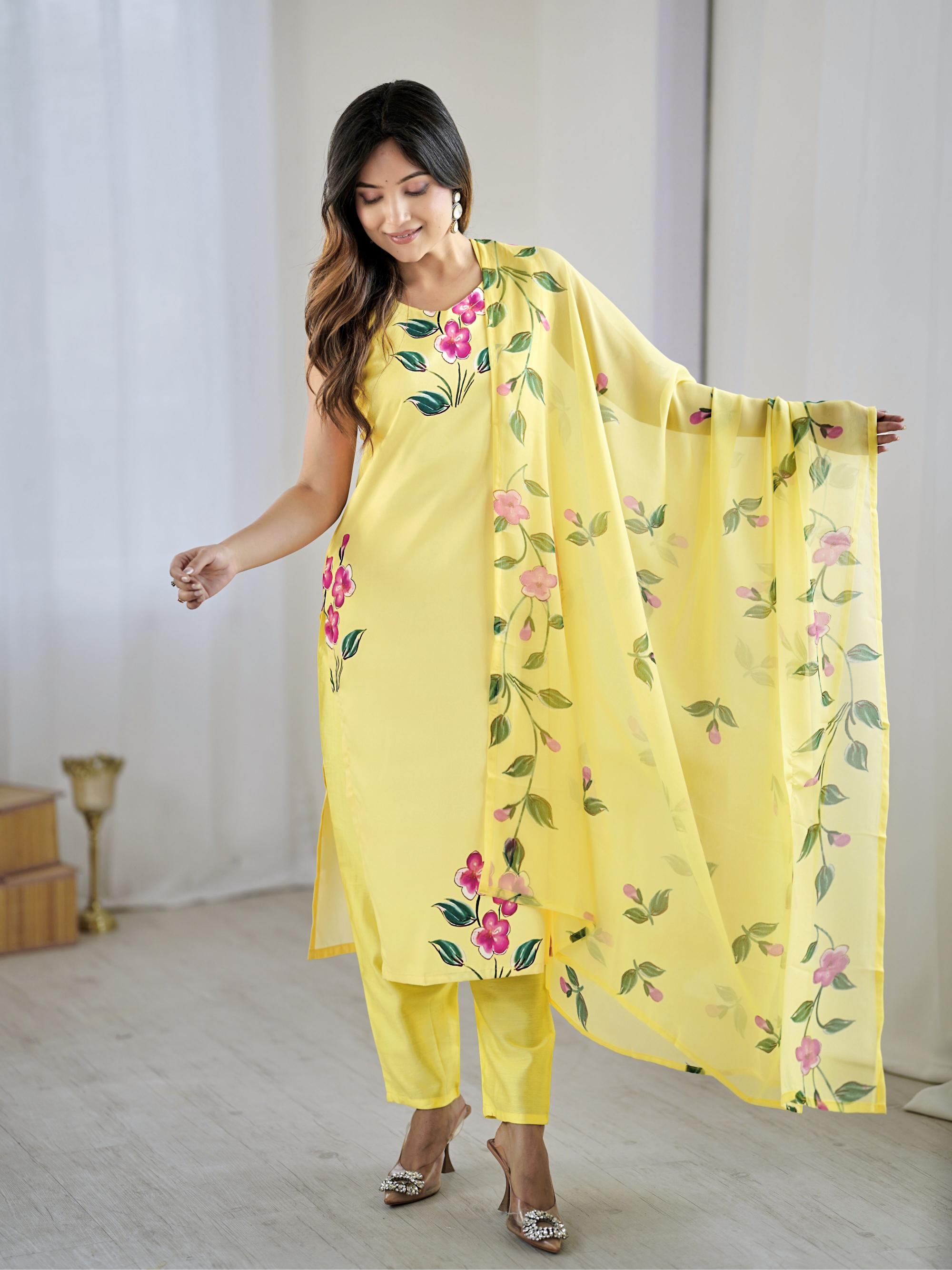 Yellow Floral Printed Stitched Suits
