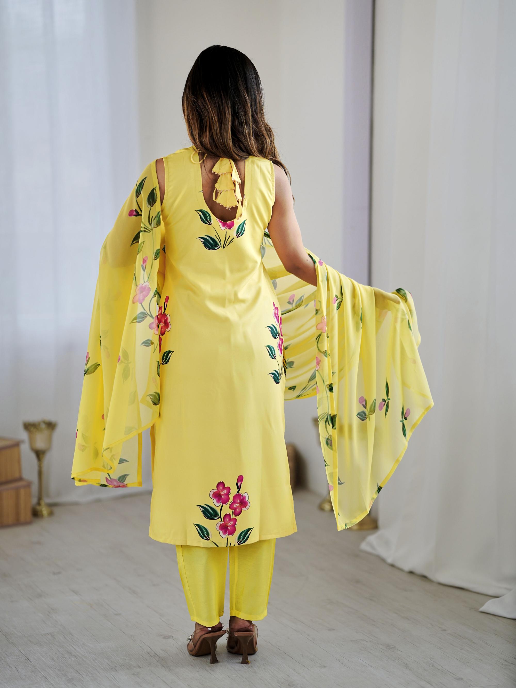Yellow Floral Printed Stitched Suits — alternate view