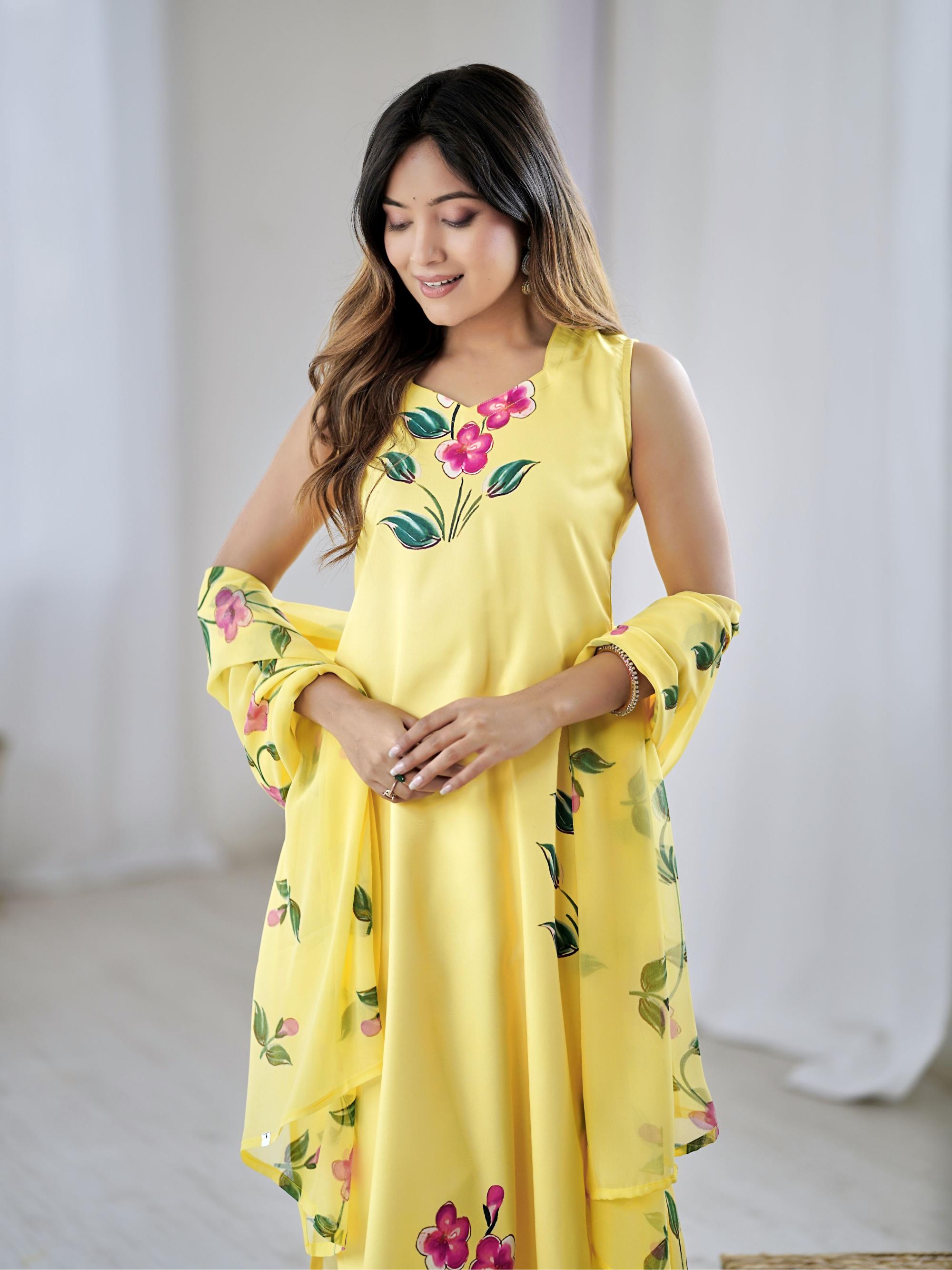 Yellow Floral Printed Stitched Suits
