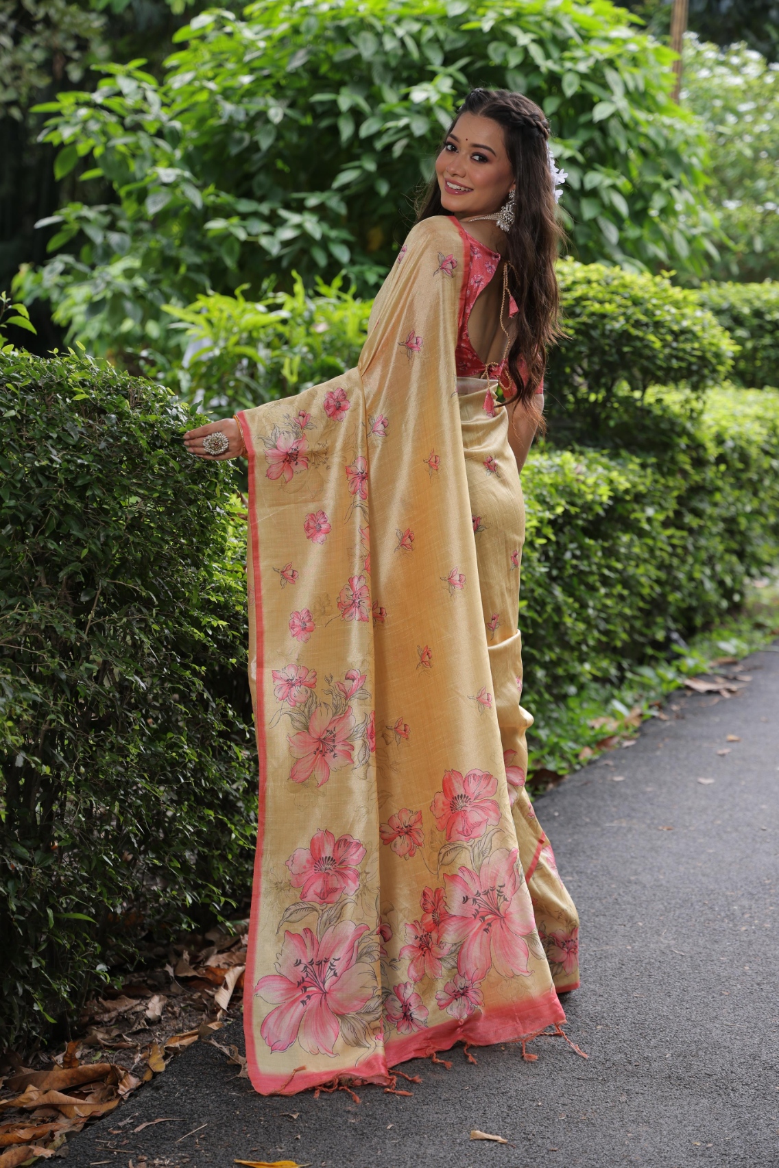 Yellow Floral Printed Tussar Silk Saree