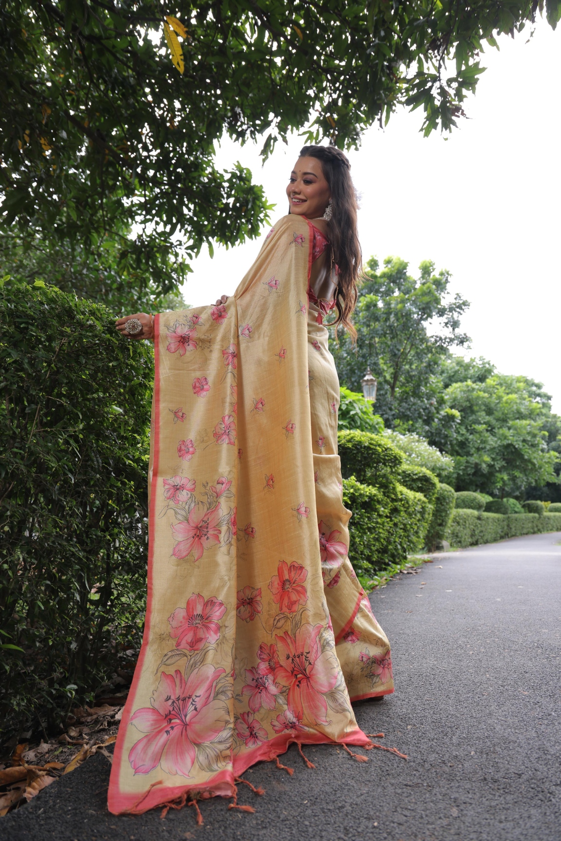 Yellow Floral Printed Tussar Silk Saree — alternate view