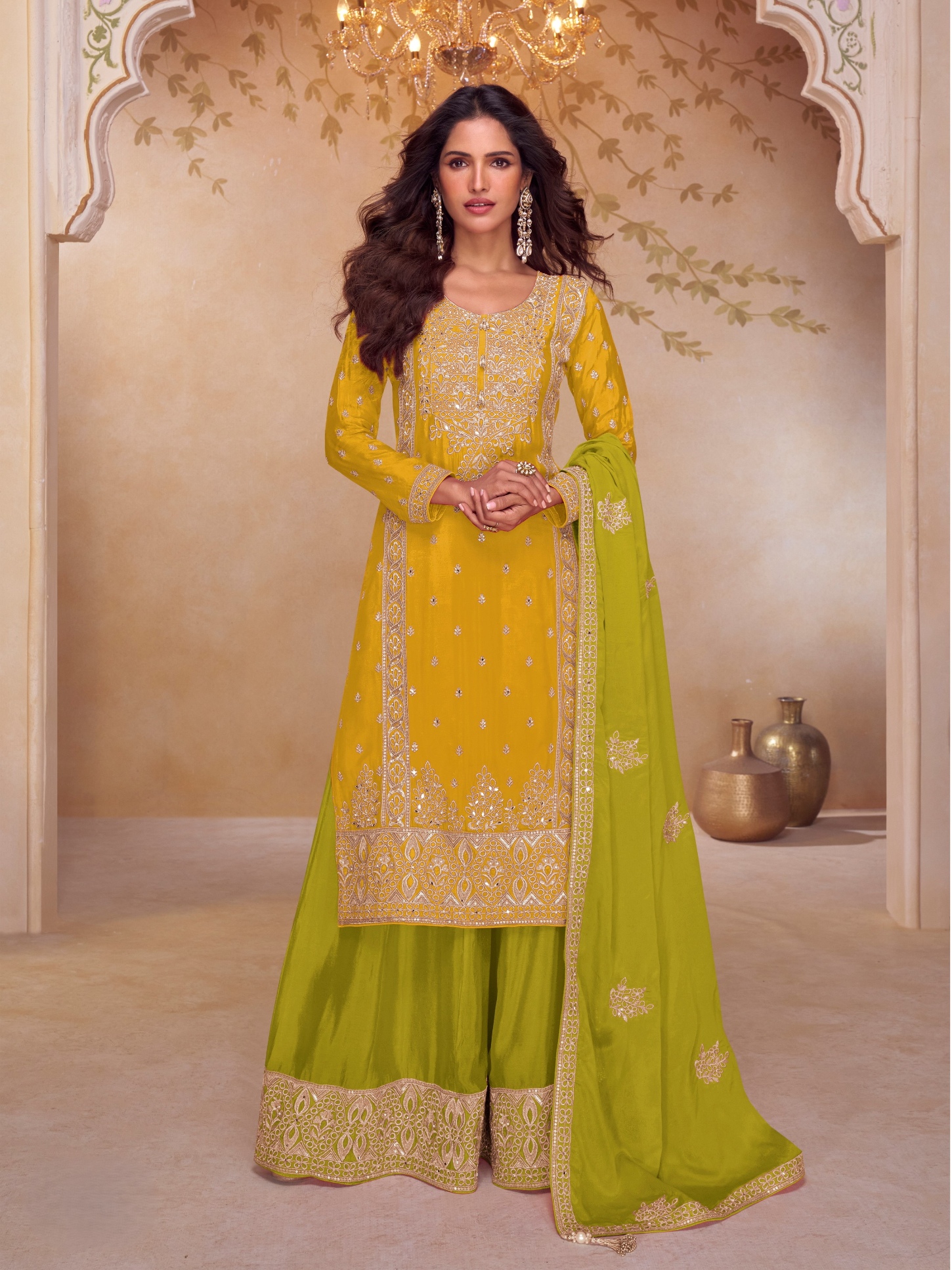 Yellow Floral Sequins Embroidery Chinon Straight Palazzo Suit