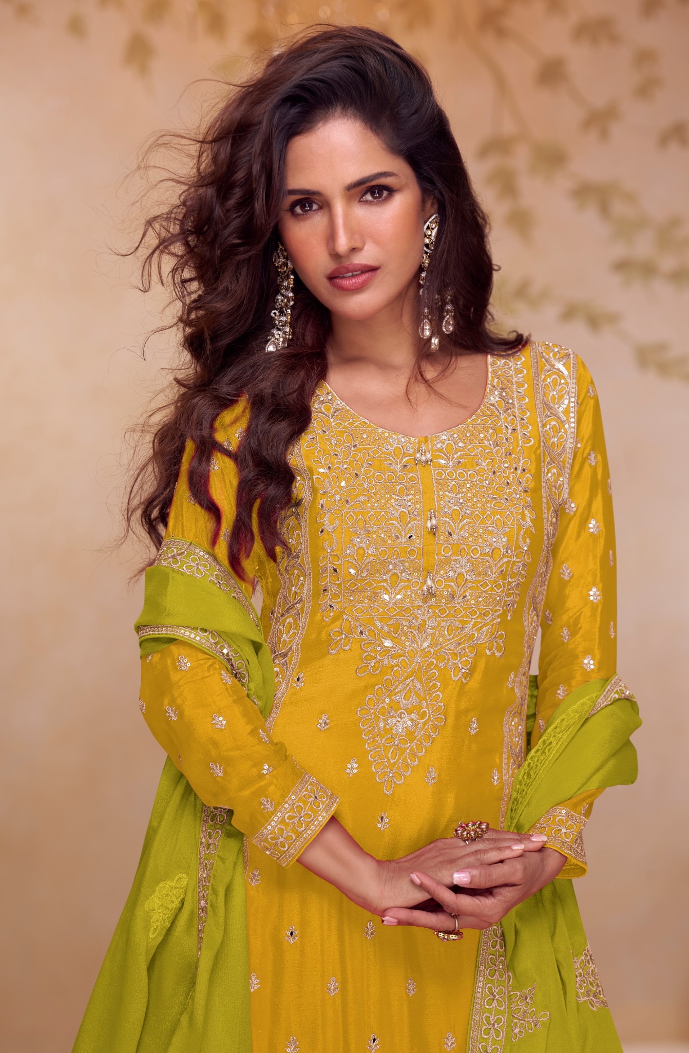 Yellow Floral Sequins Embroidery Chinon Straight Palazzo Suit