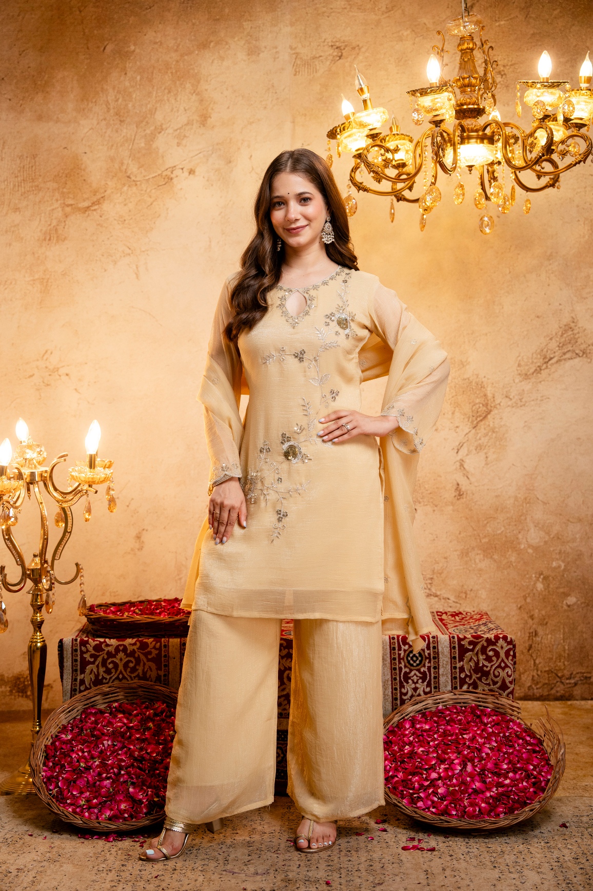 Yellow Floral Vine Designer Embroidery Crunchy Palazzo Suit