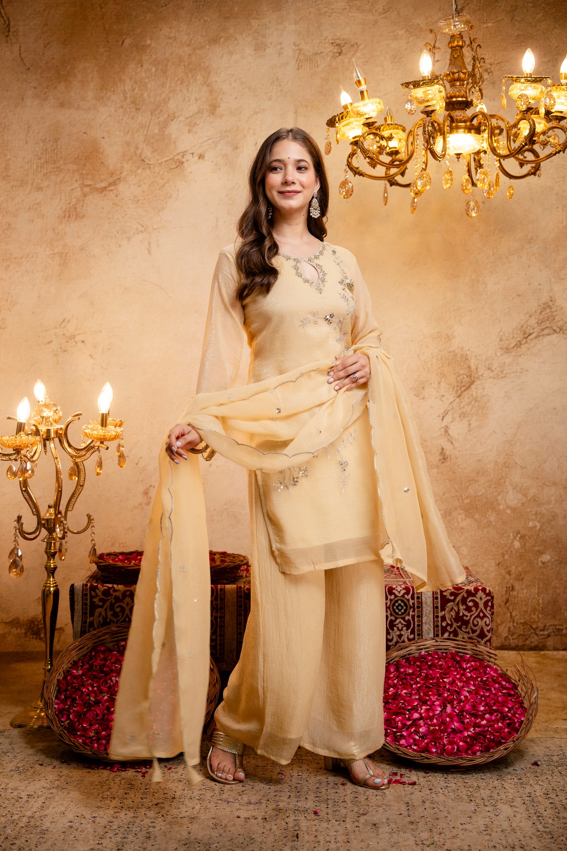 Yellow Floral Vine Designer Embroidery Crunchy Palazzo Suit