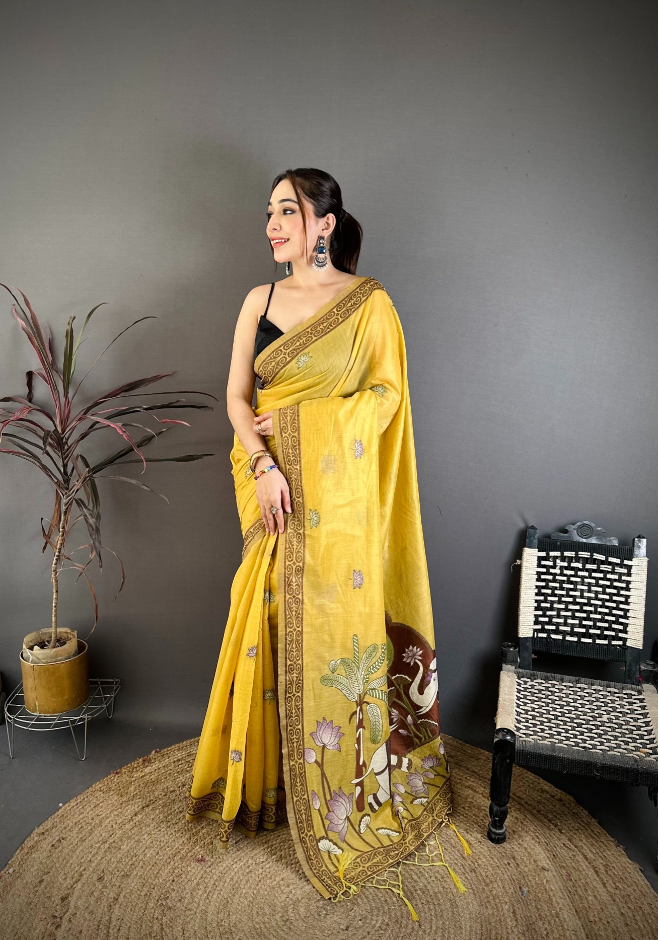 Yellow Floral Weaving Muga Cotton Saree