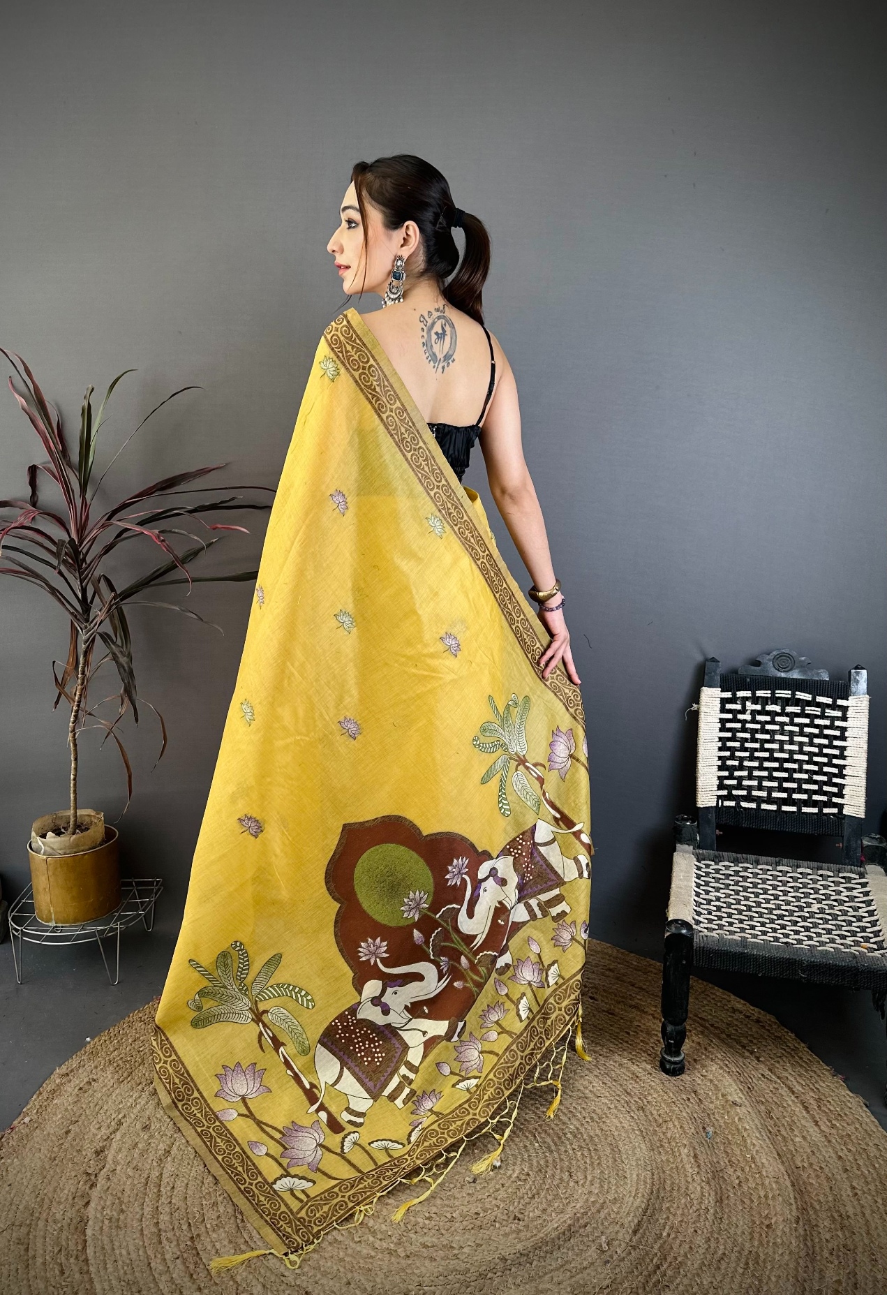 Yellow Floral Weaving Muga Cotton Saree — alternate view