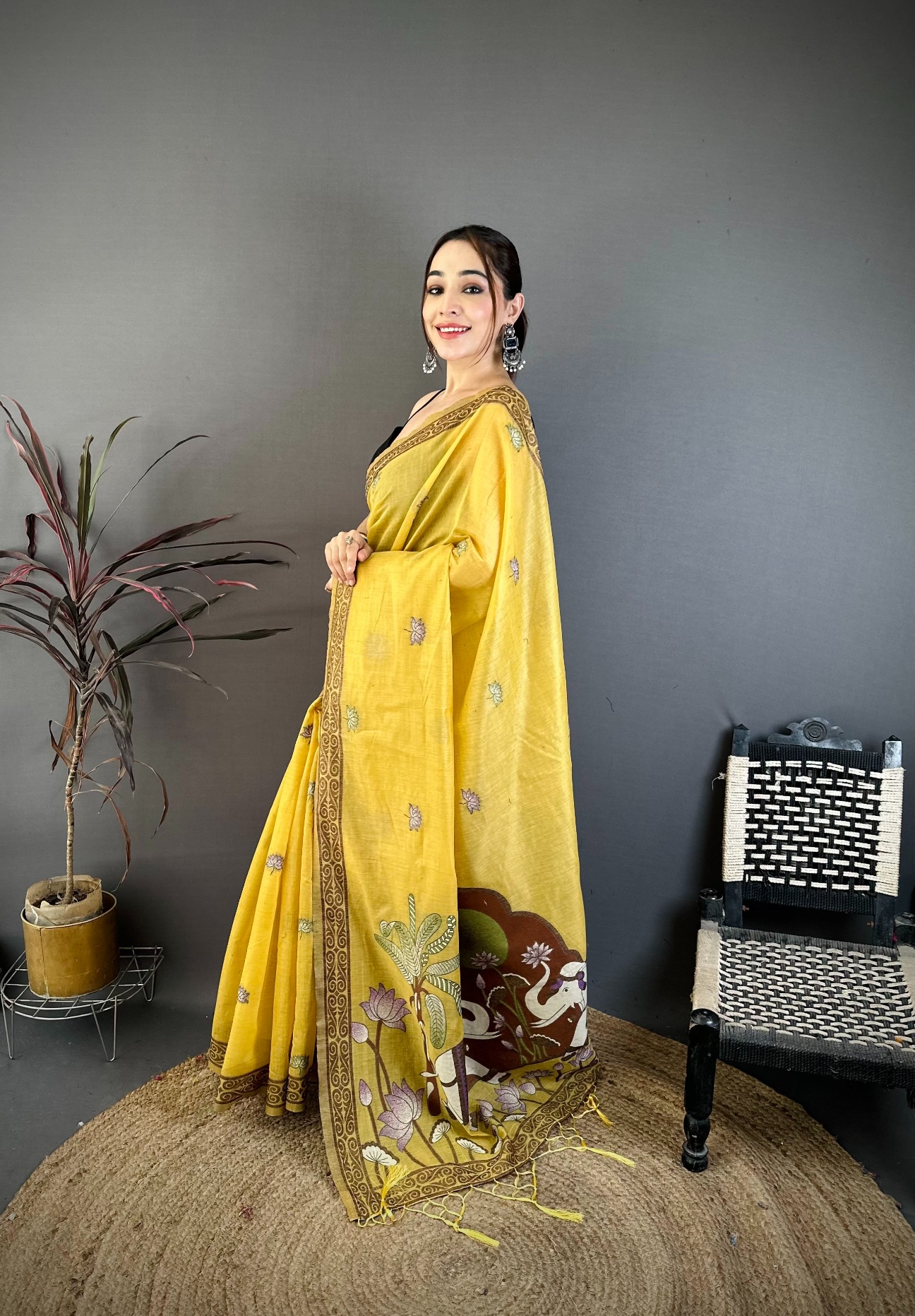 Yellow Floral Weaving Muga Cotton Saree