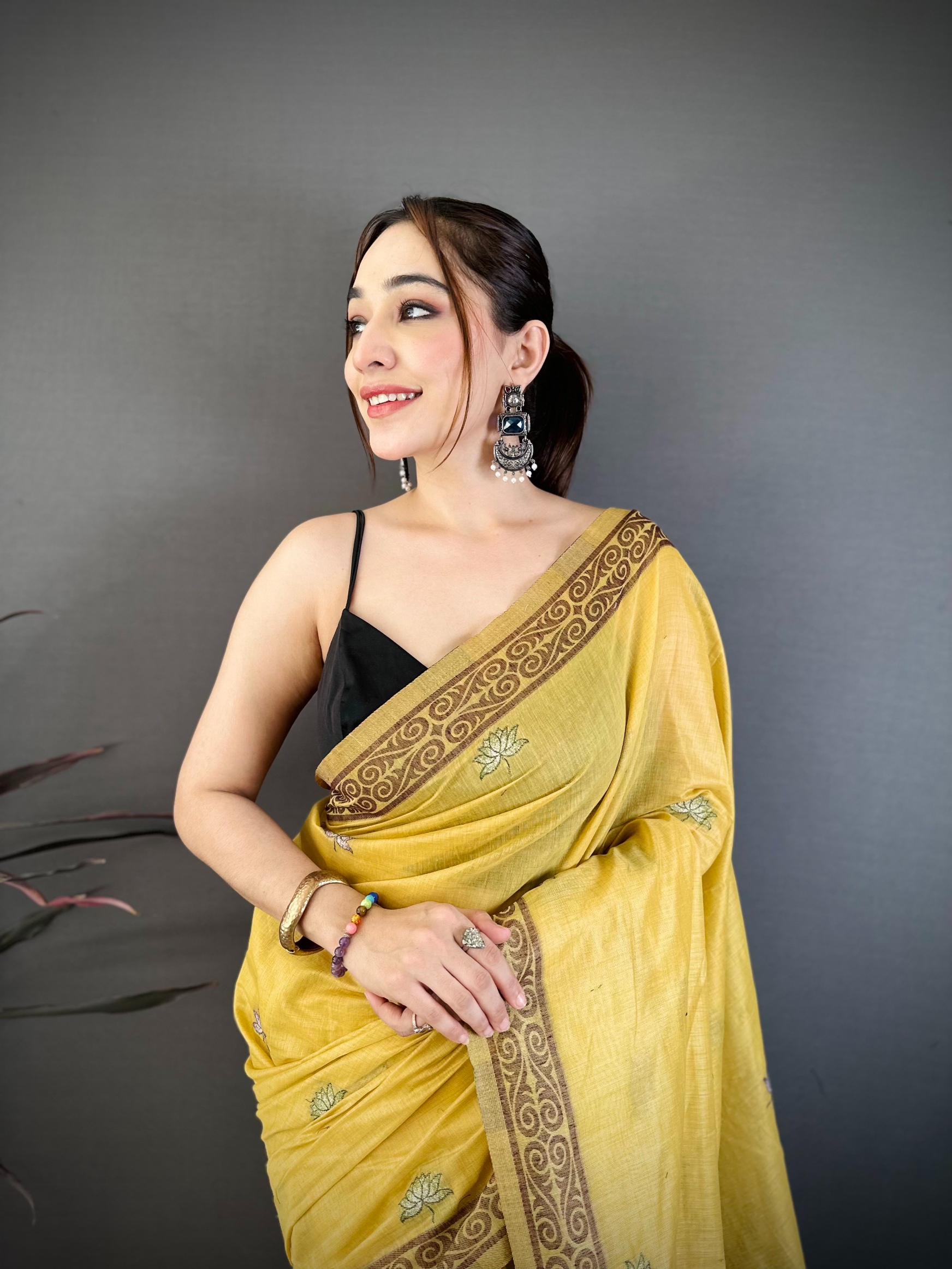 Yellow Floral Weaving Muga Cotton Saree