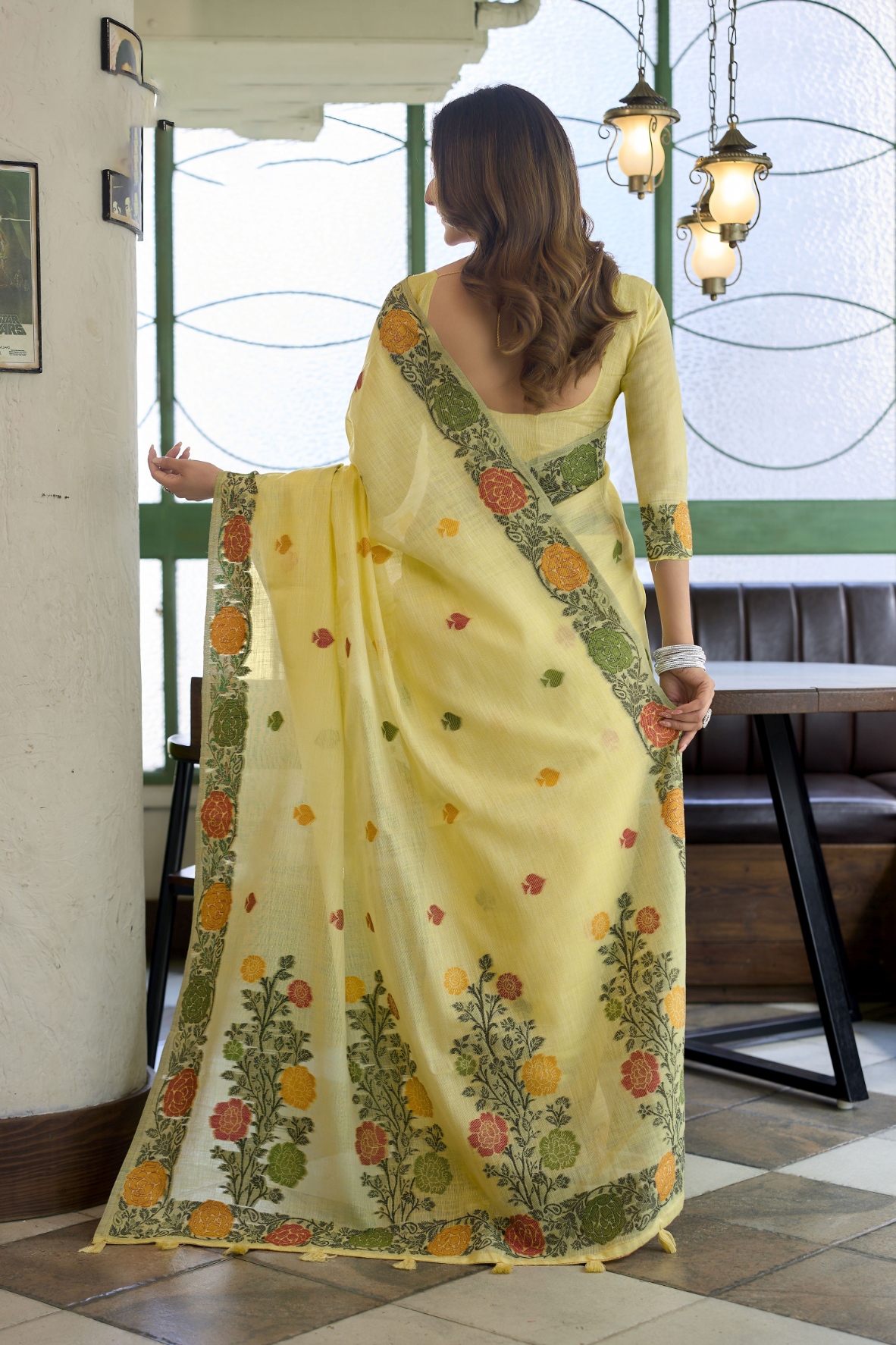 Yellow Floral Woven Jacquard Handloom Linen Saree — alternate view