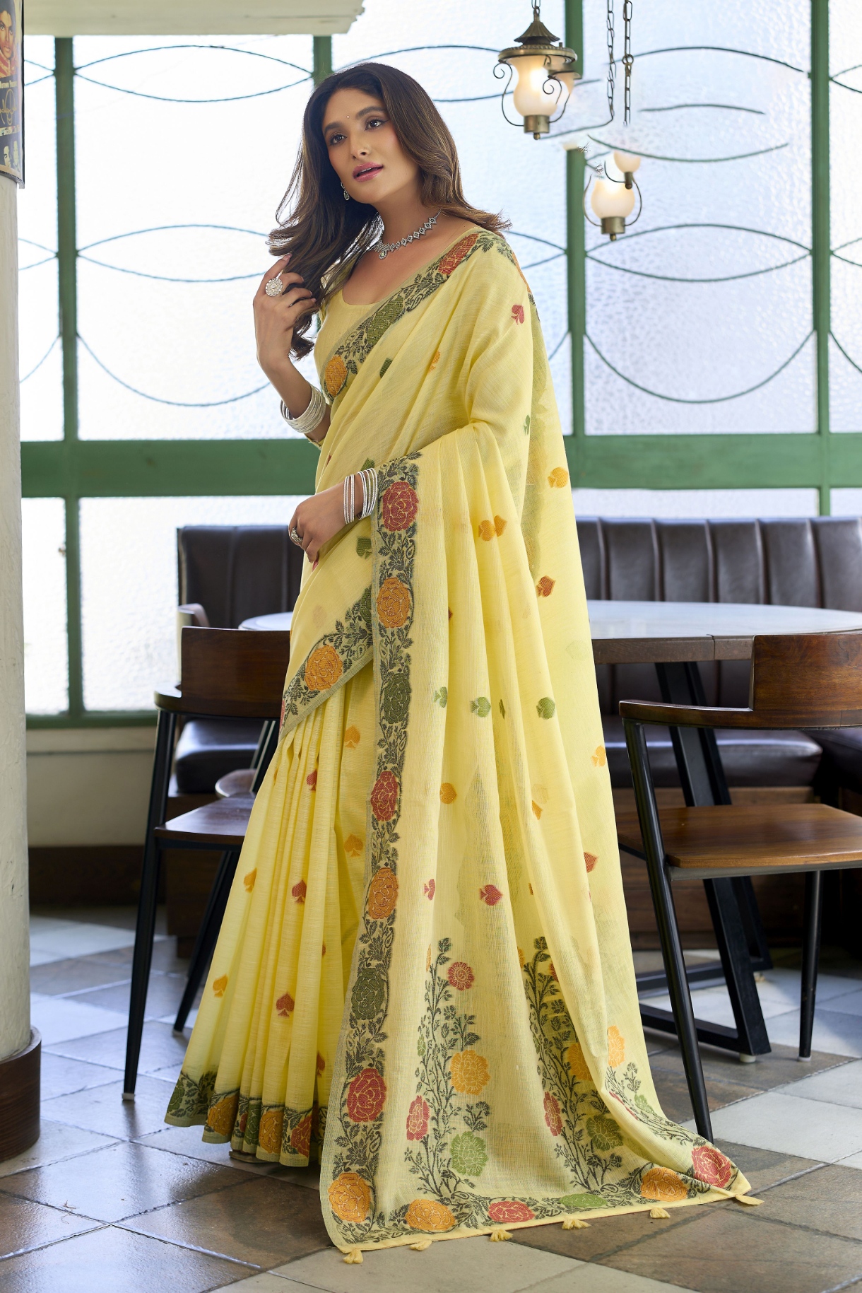 Yellow Floral Woven Jacquard Handloom Linen Saree