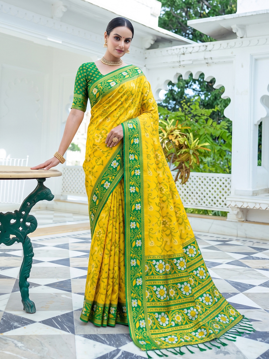 Yellow Floral Woven Silk Saree