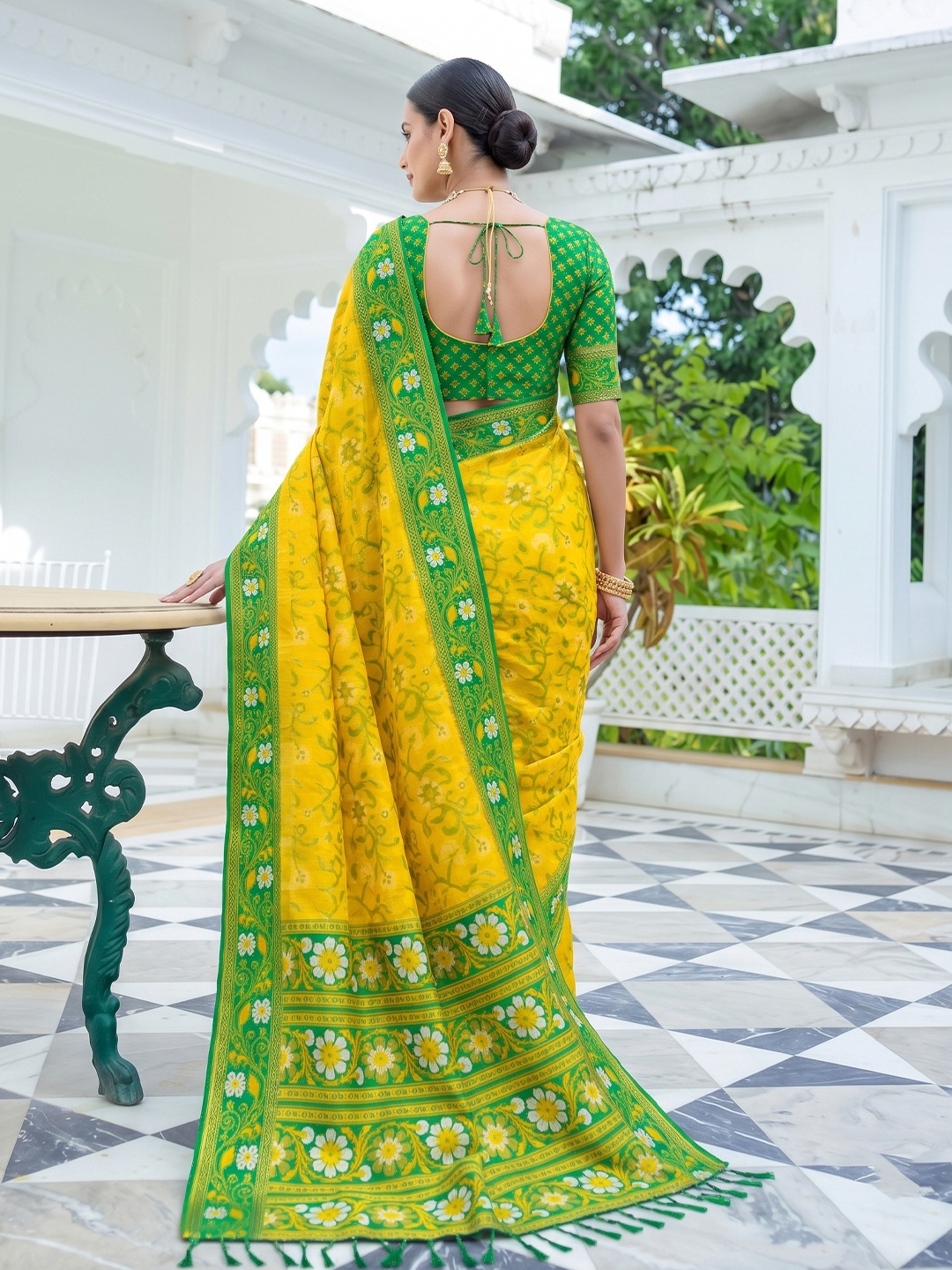 Yellow Floral Woven Silk Saree — alternate view