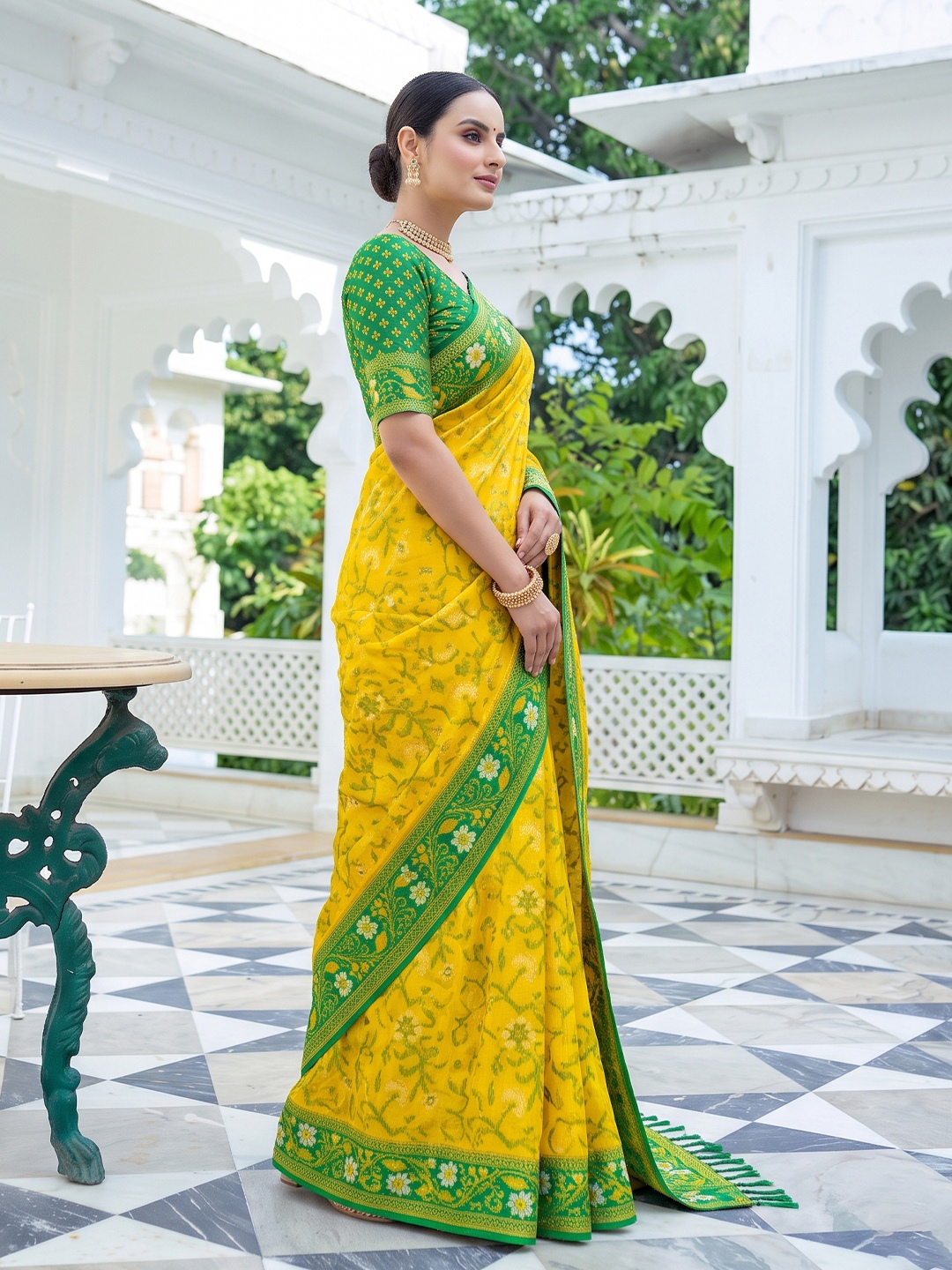 Yellow Floral Woven Silk Saree