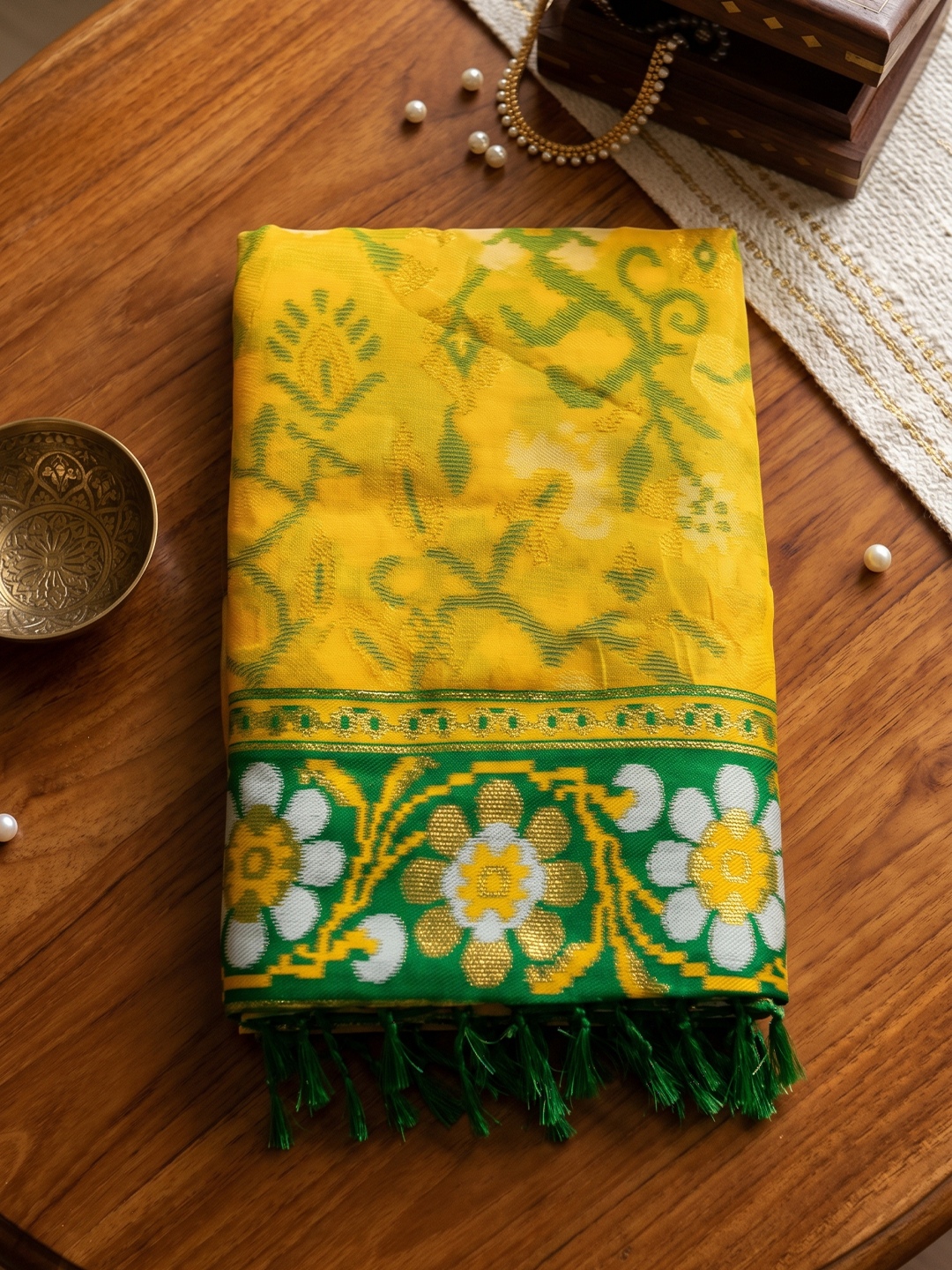 Yellow Floral Woven Silk Saree