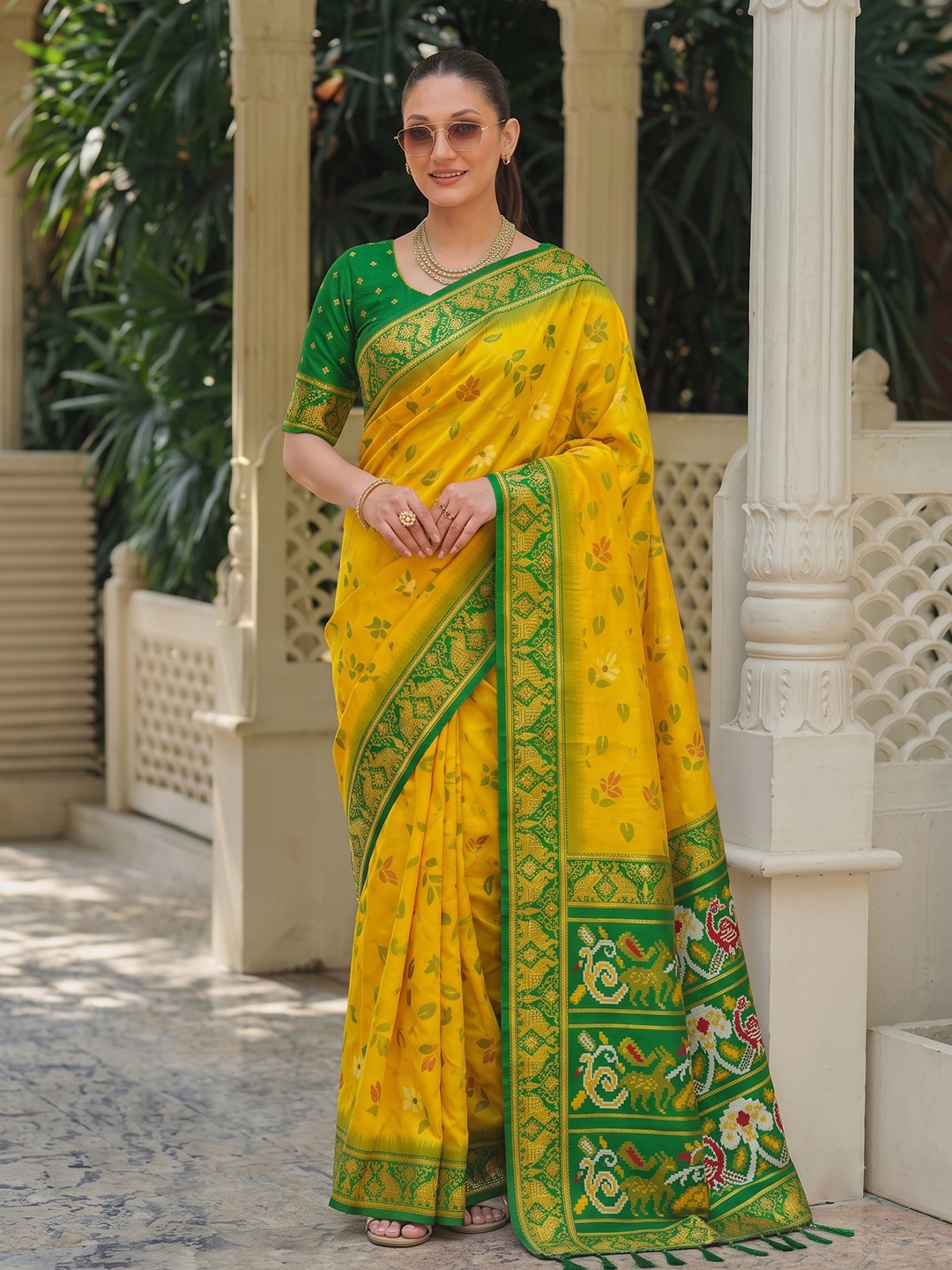 Yellow Floral Woven Silk Saree
