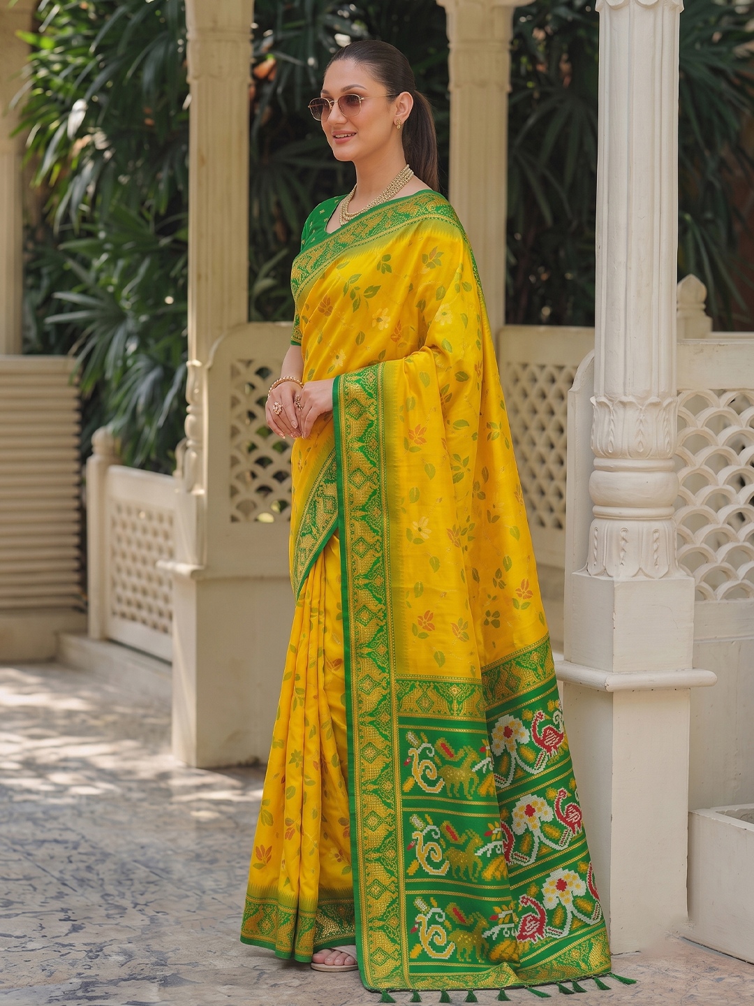 Yellow Floral Woven Silk Saree