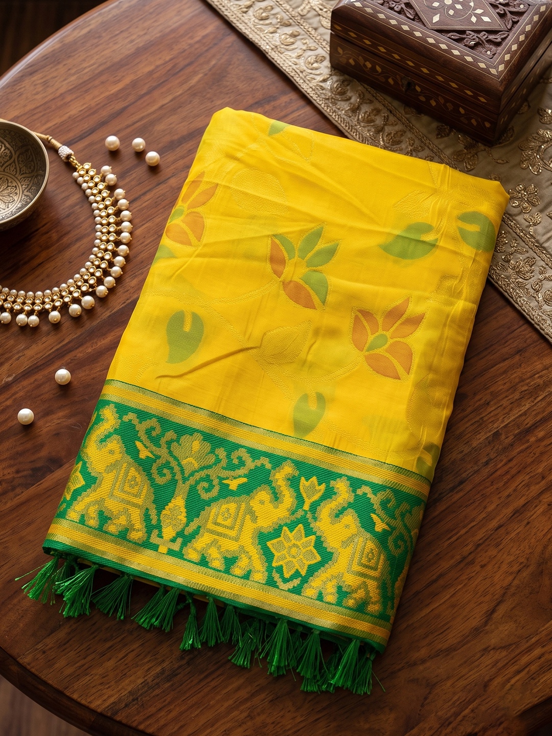 Yellow Floral Woven Silk Saree