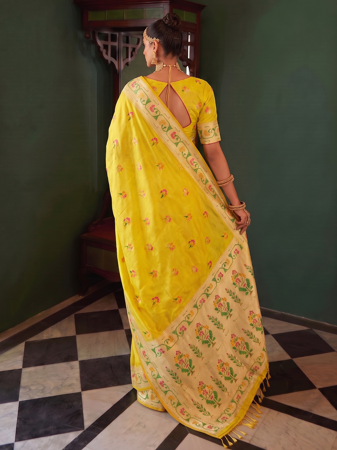 Yellow Floral Woven Tissue Silk Saree — alternate view