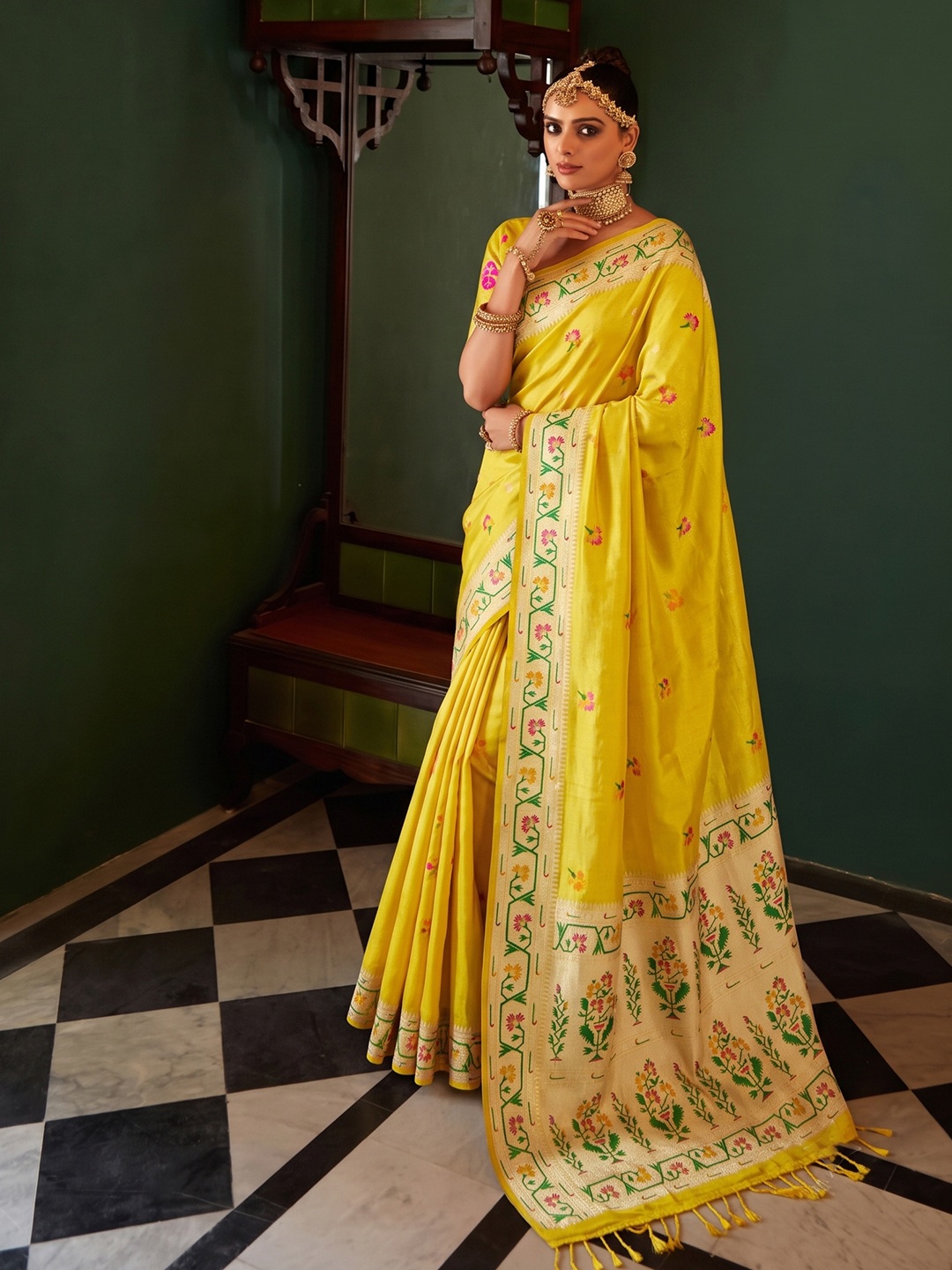 Yellow Floral Woven Tissue Silk Saree