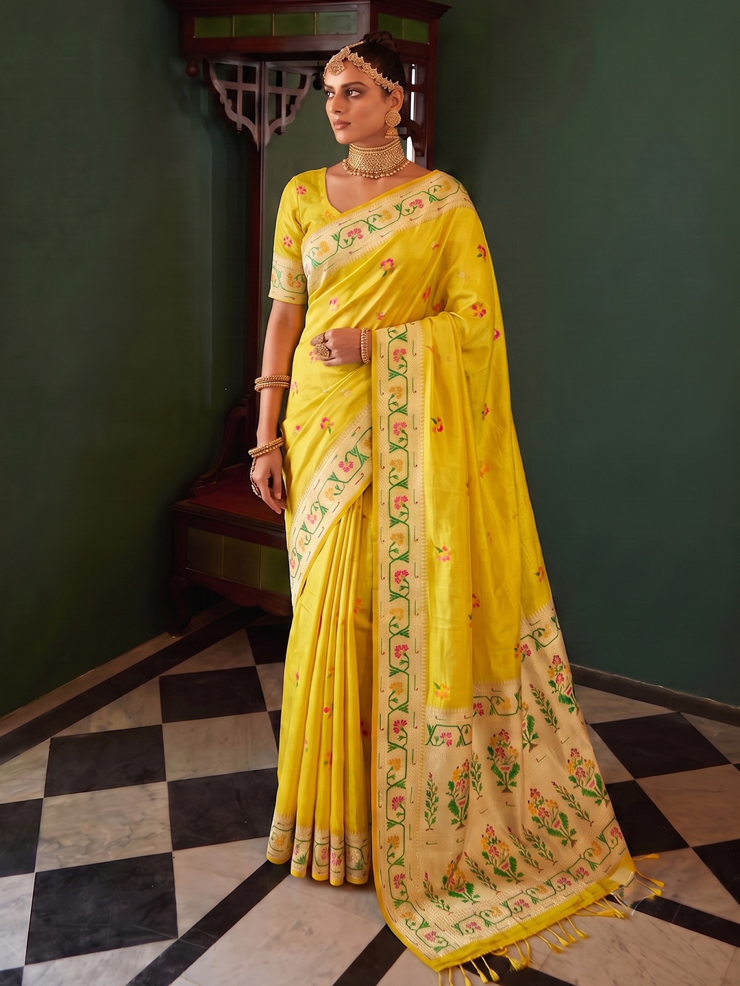 Yellow Floral Woven Tissue Silk Saree