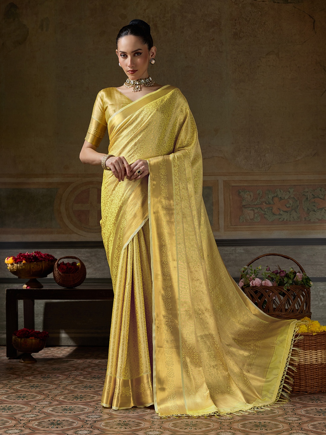 Yellow Floral Woven Zari Kanchivaram Silk Saree