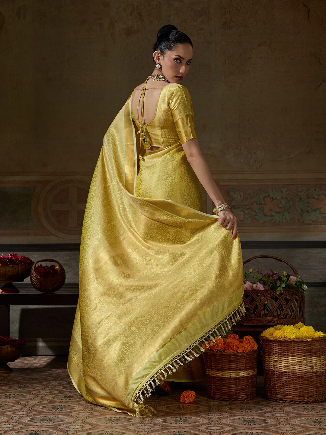 Yellow Floral Woven Zari Kanchivaram Silk Saree — alternate view