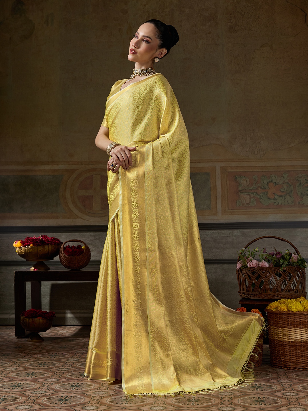 Yellow Floral Woven Zari Kanchivaram Silk Saree