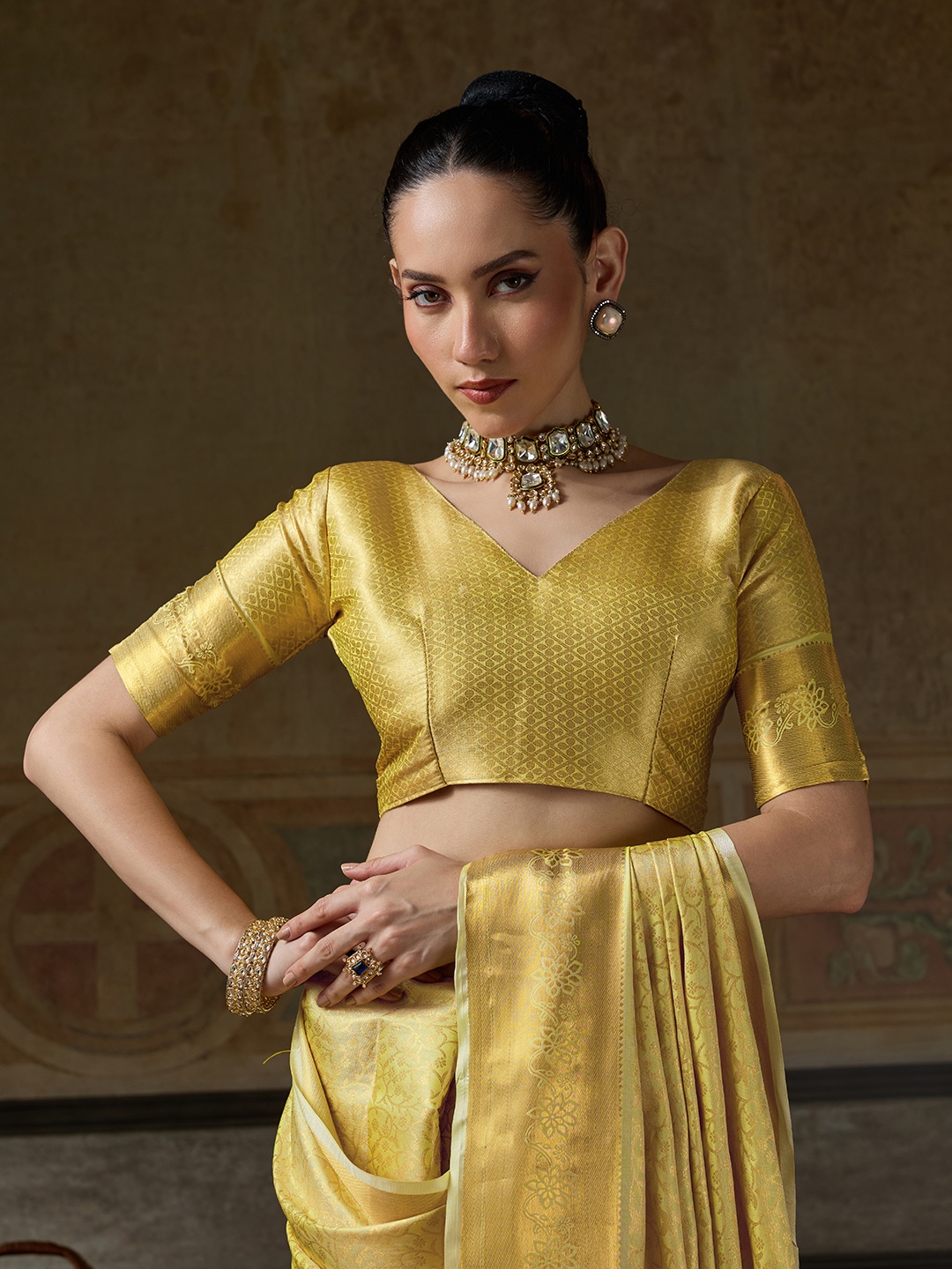 Yellow Floral Woven Zari Kanchivaram Silk Saree