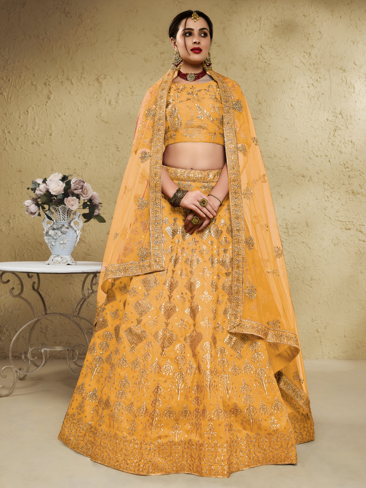Yellow Floral Zari Art Silk Bridal Lehenga Choli