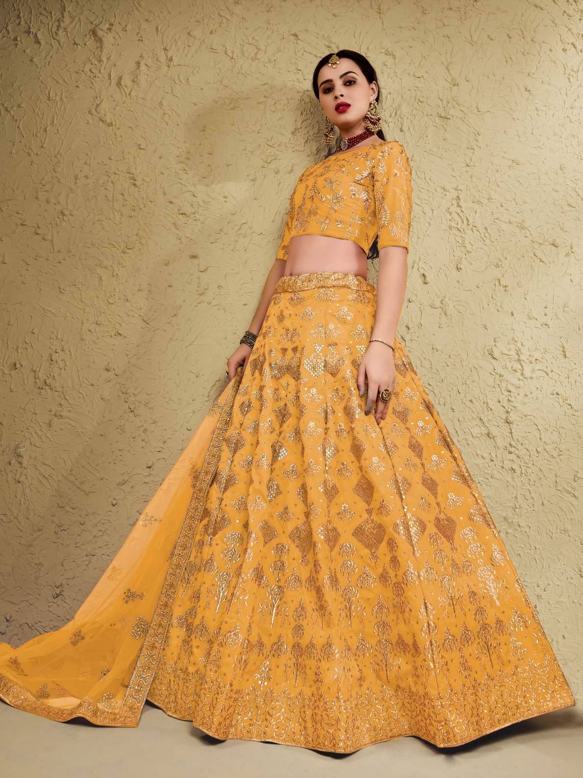 Yellow Floral Zari Art Silk Bridal Lehenga Choli — alternate view