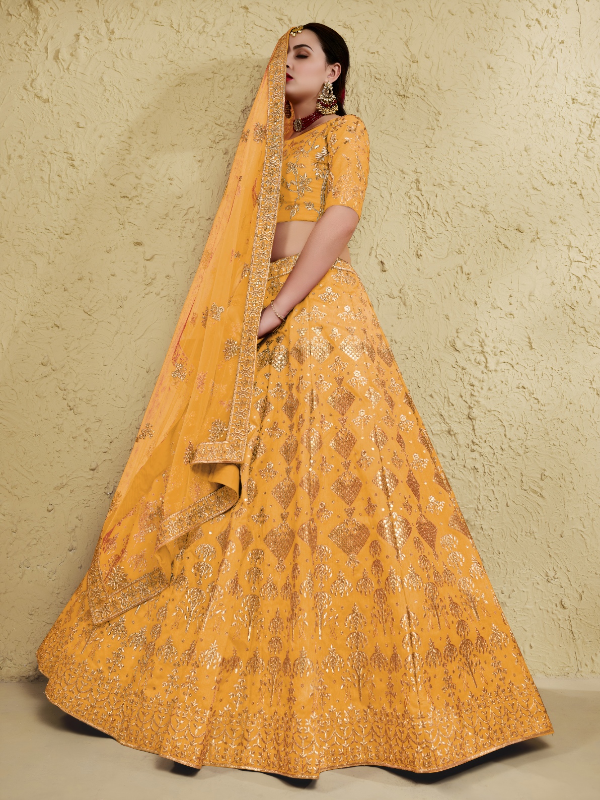 Yellow Floral Zari Art Silk Bridal Lehenga Choli