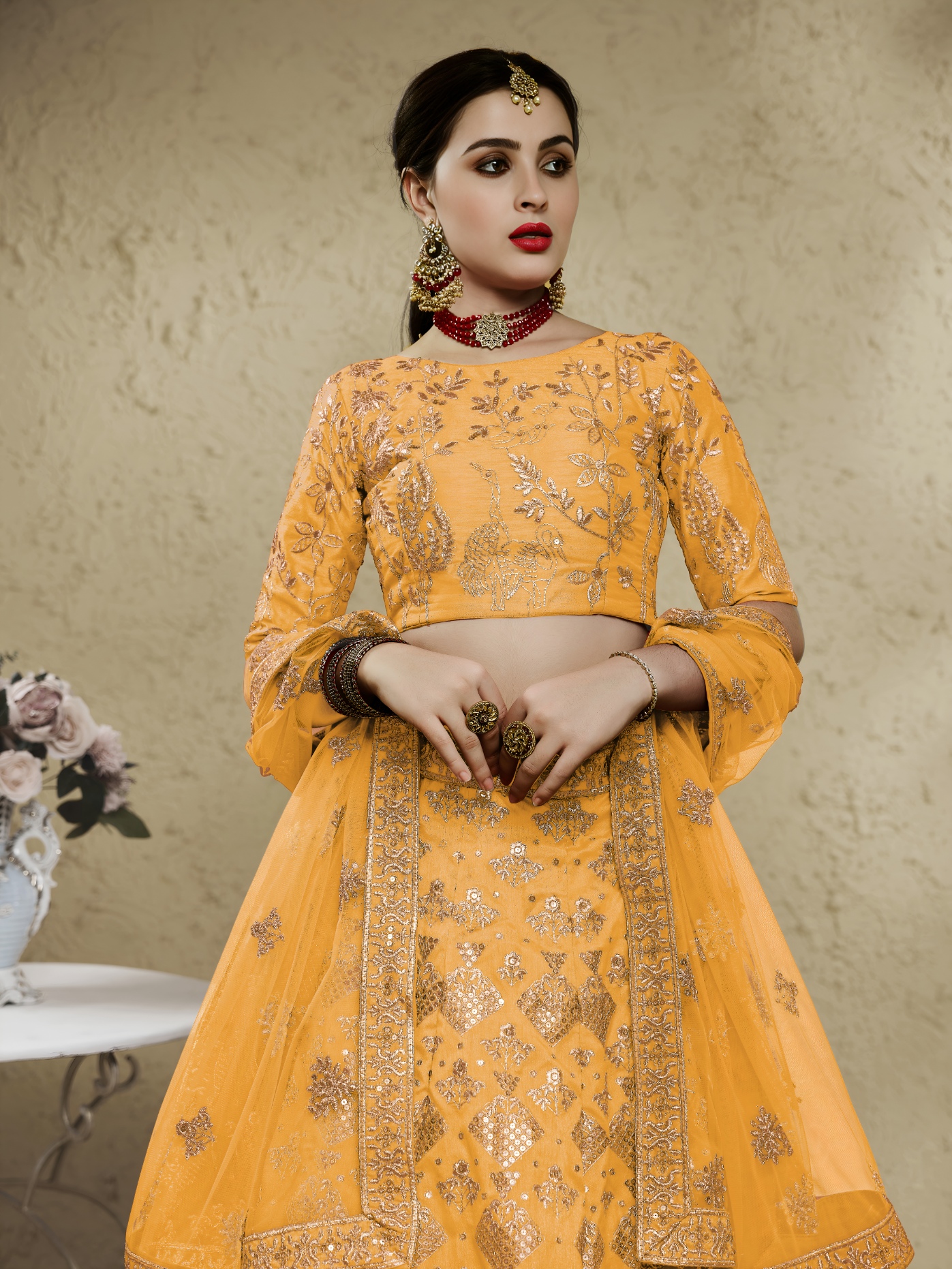 Yellow Floral Zari Art Silk Bridal Lehenga Choli