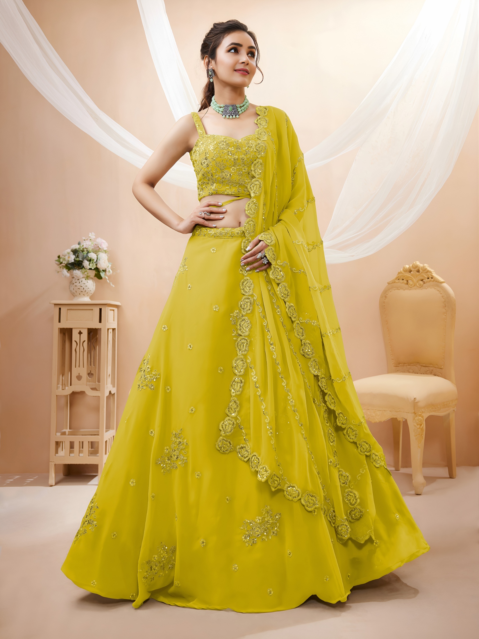 Yellow Floral Zari Sequins Georgette Bridal Lehenga Choli