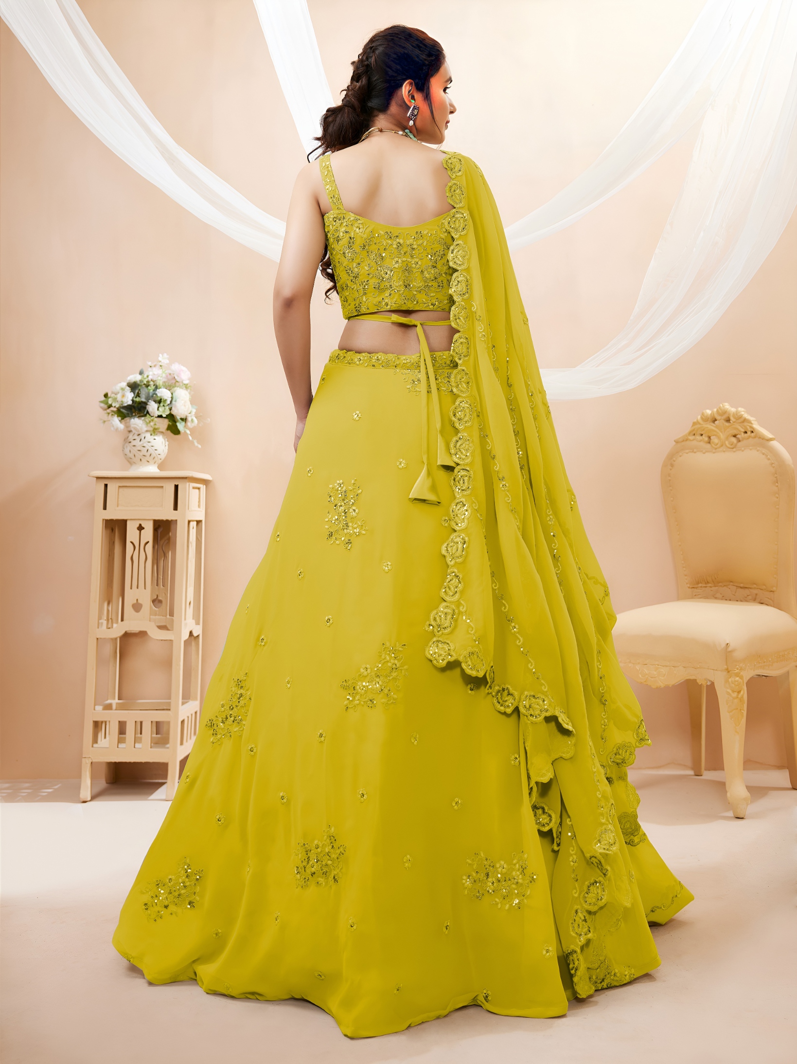 Yellow Floral Zari Sequins Georgette Bridal Lehenga Choli — alternate view
