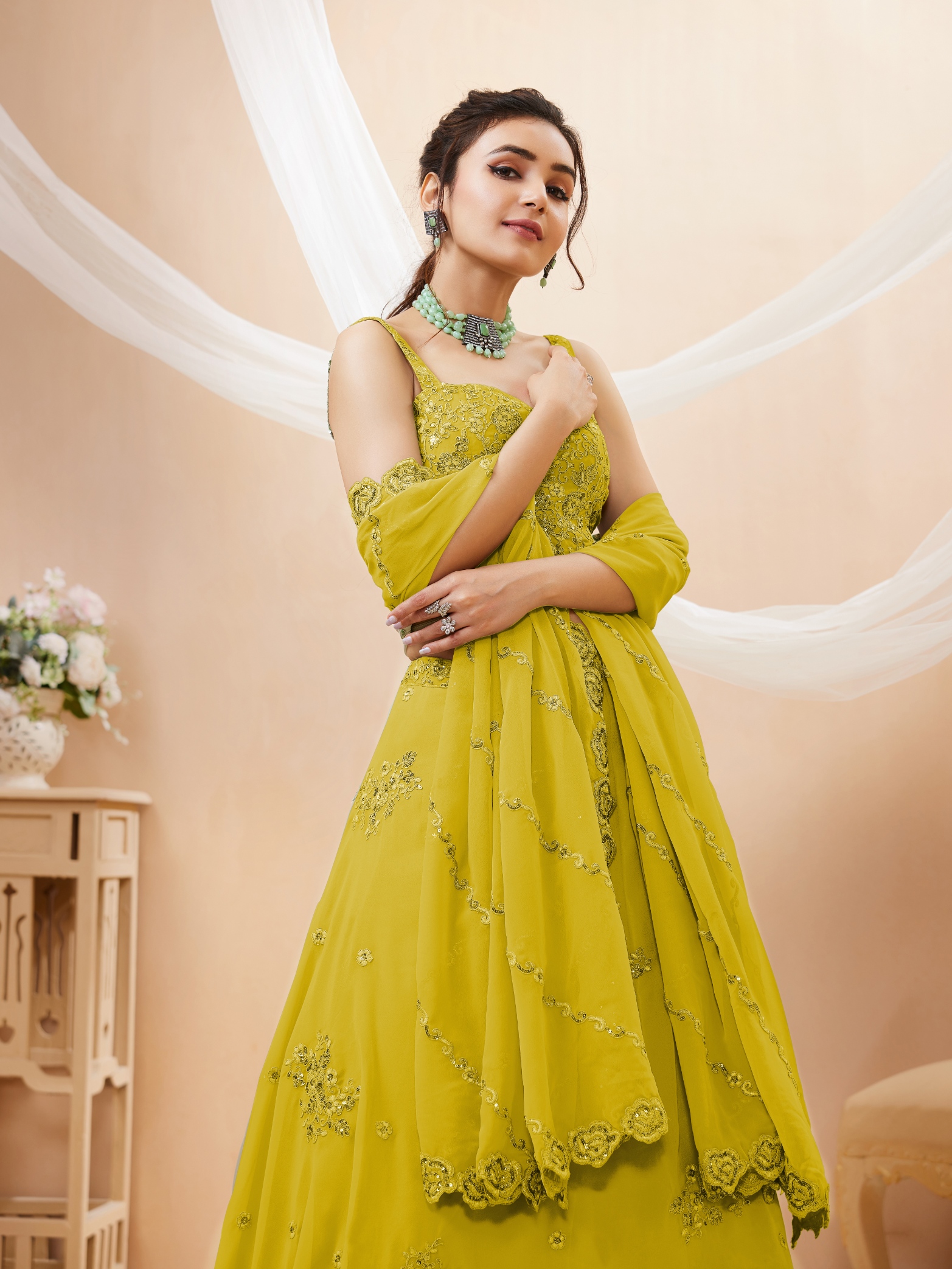 Yellow Floral Zari Sequins Georgette Bridal Lehenga Choli