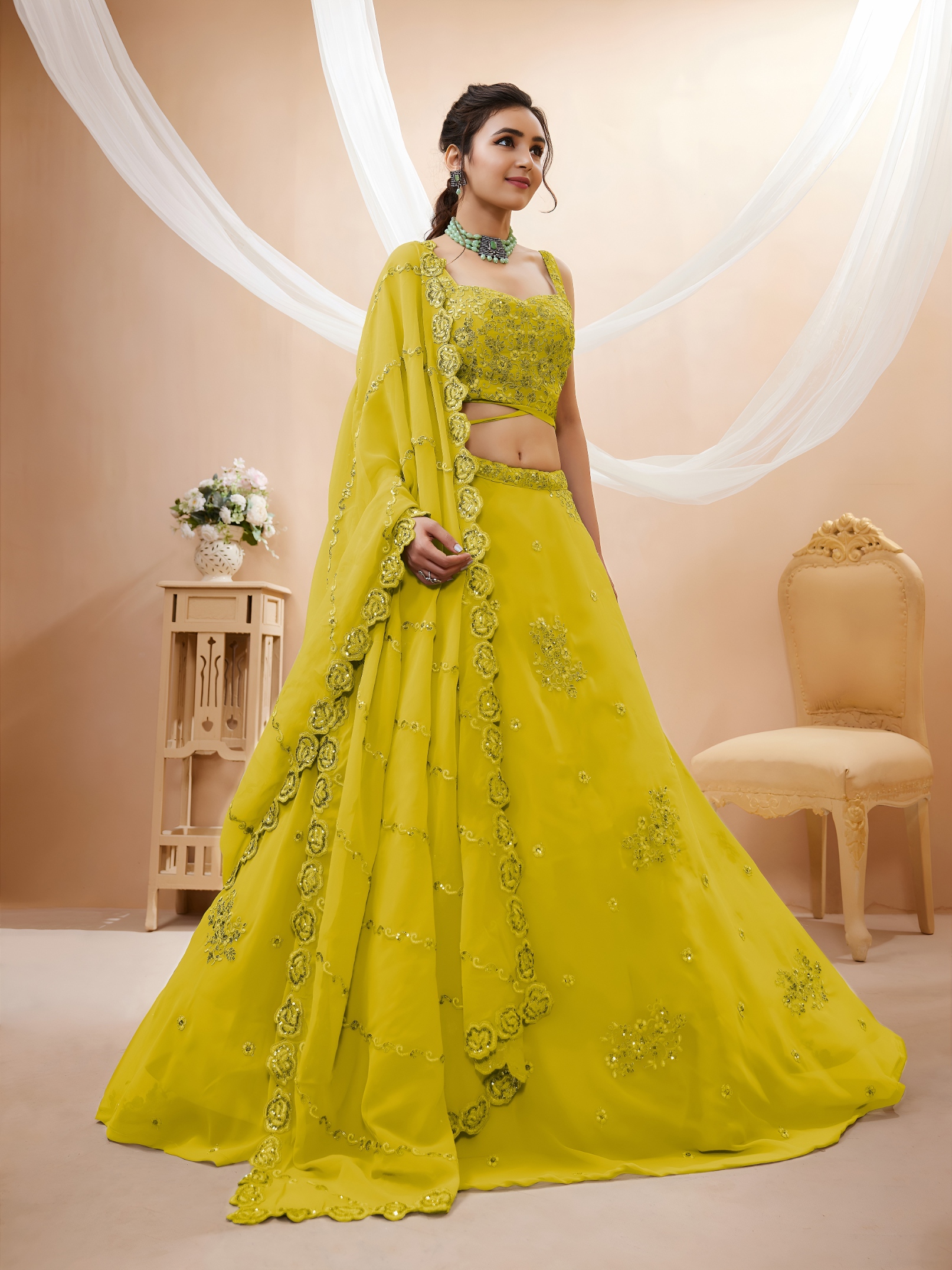 Yellow Floral Zari Sequins Georgette Bridal Lehenga Choli