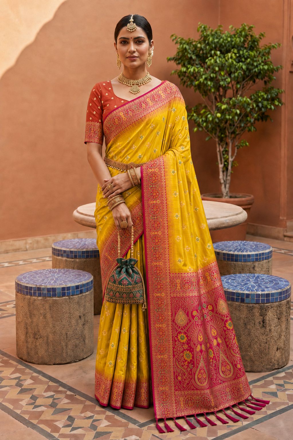 Yellow Floral Zari Soft Silk Saree