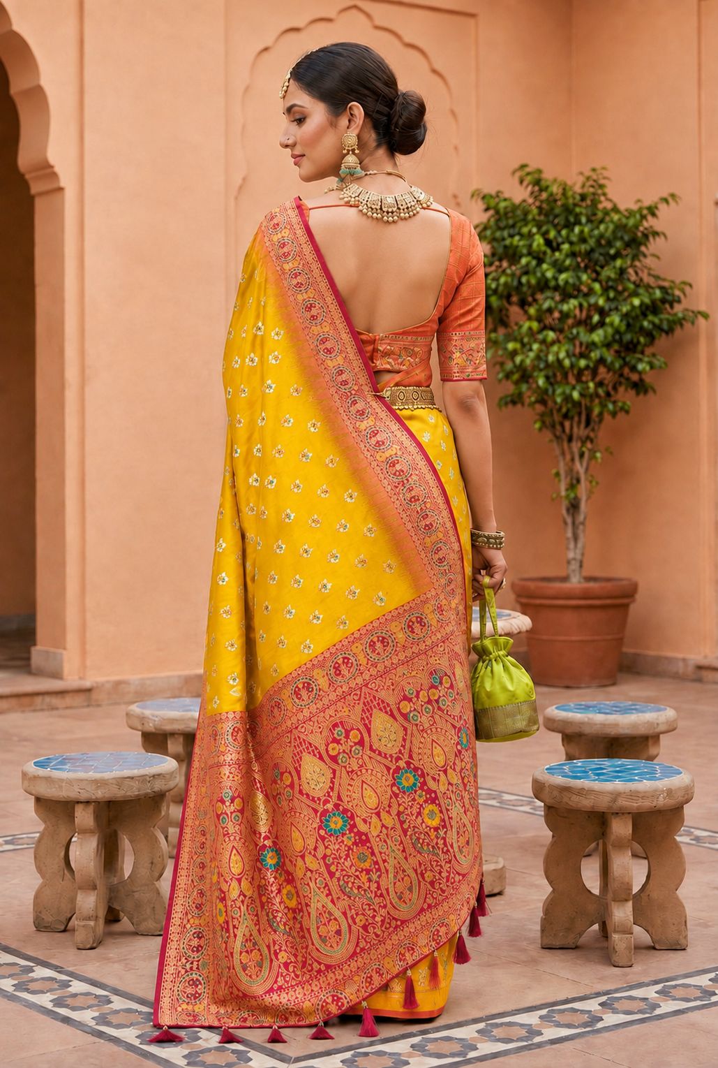 Yellow Floral Zari Soft Silk Saree — alternate view