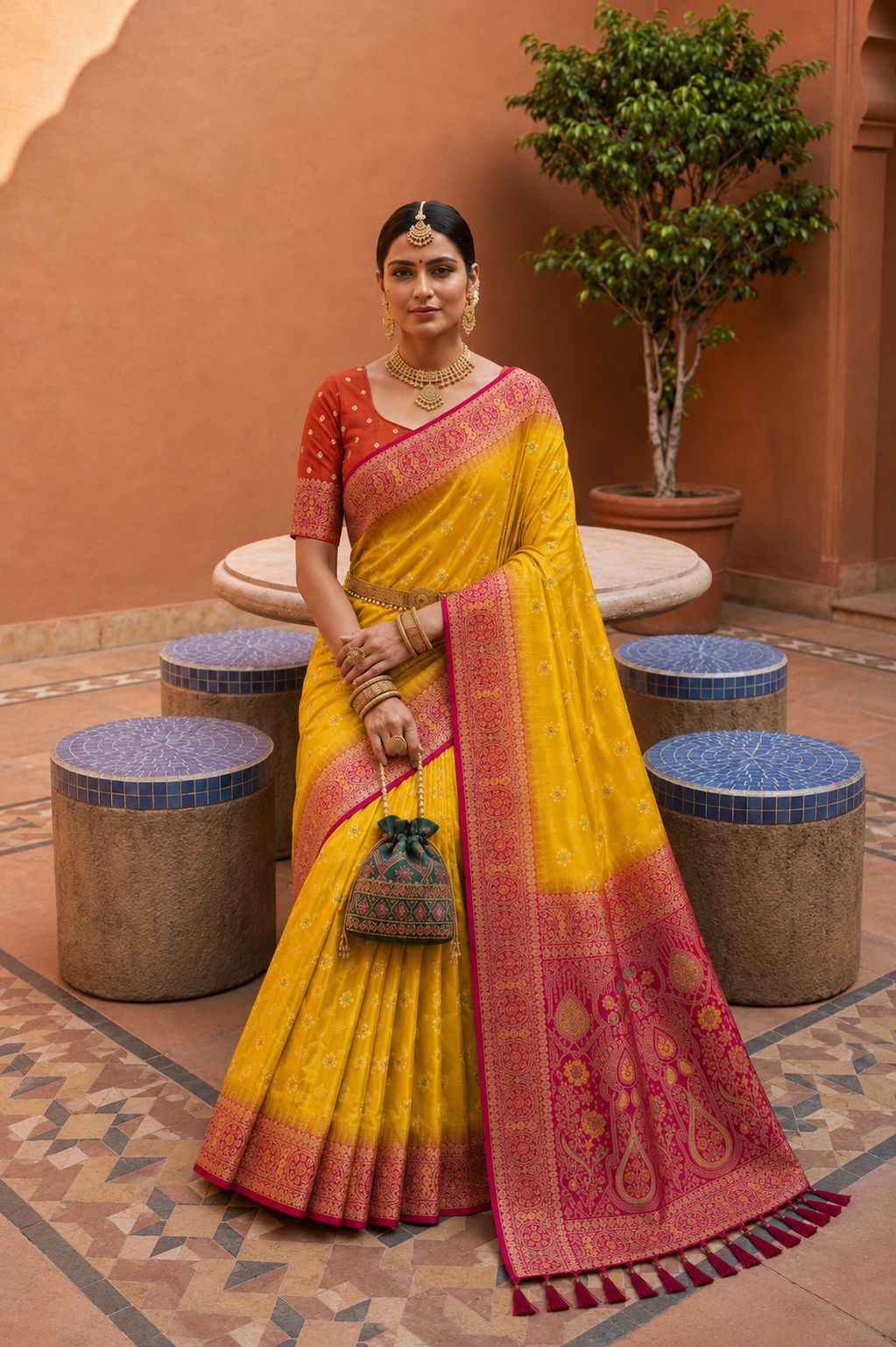 Yellow Floral Zari Soft Silk Saree