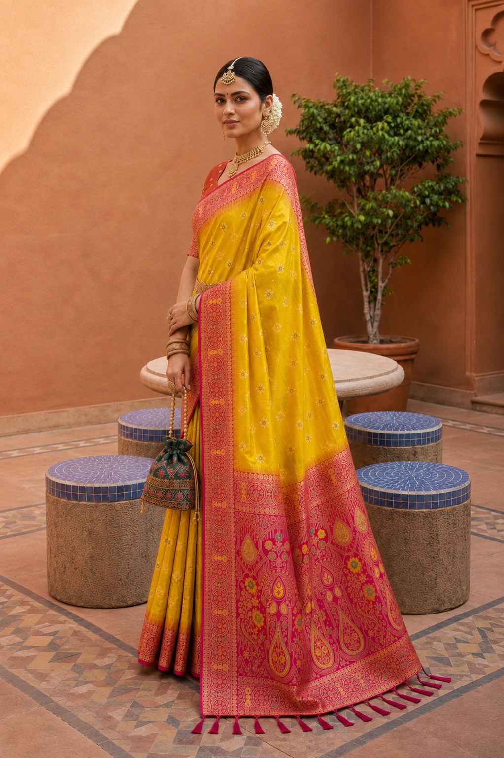 Yellow Floral Zari Soft Silk Saree