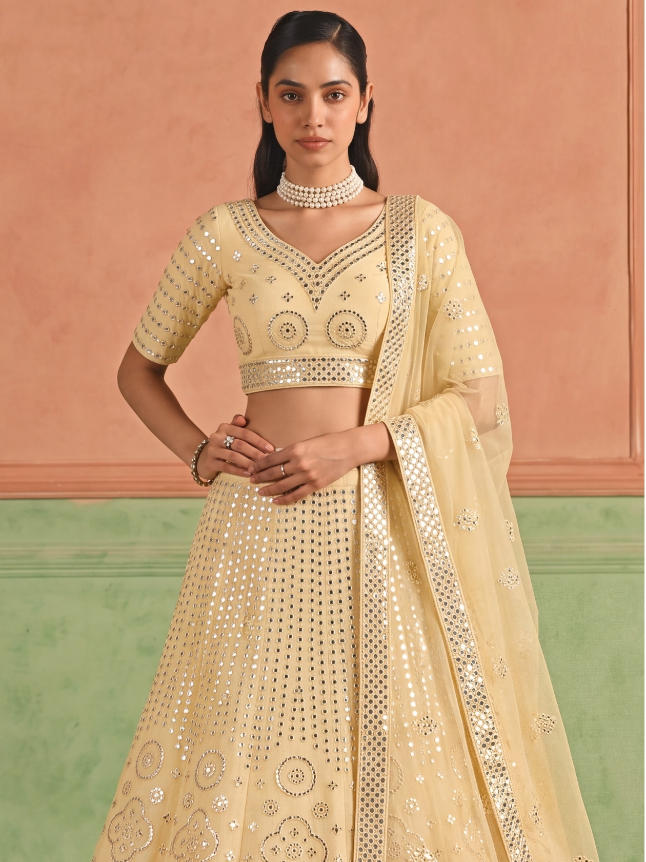 Yellow Foil Mirror Embroidered Organza Lehenga Choli — alternate view