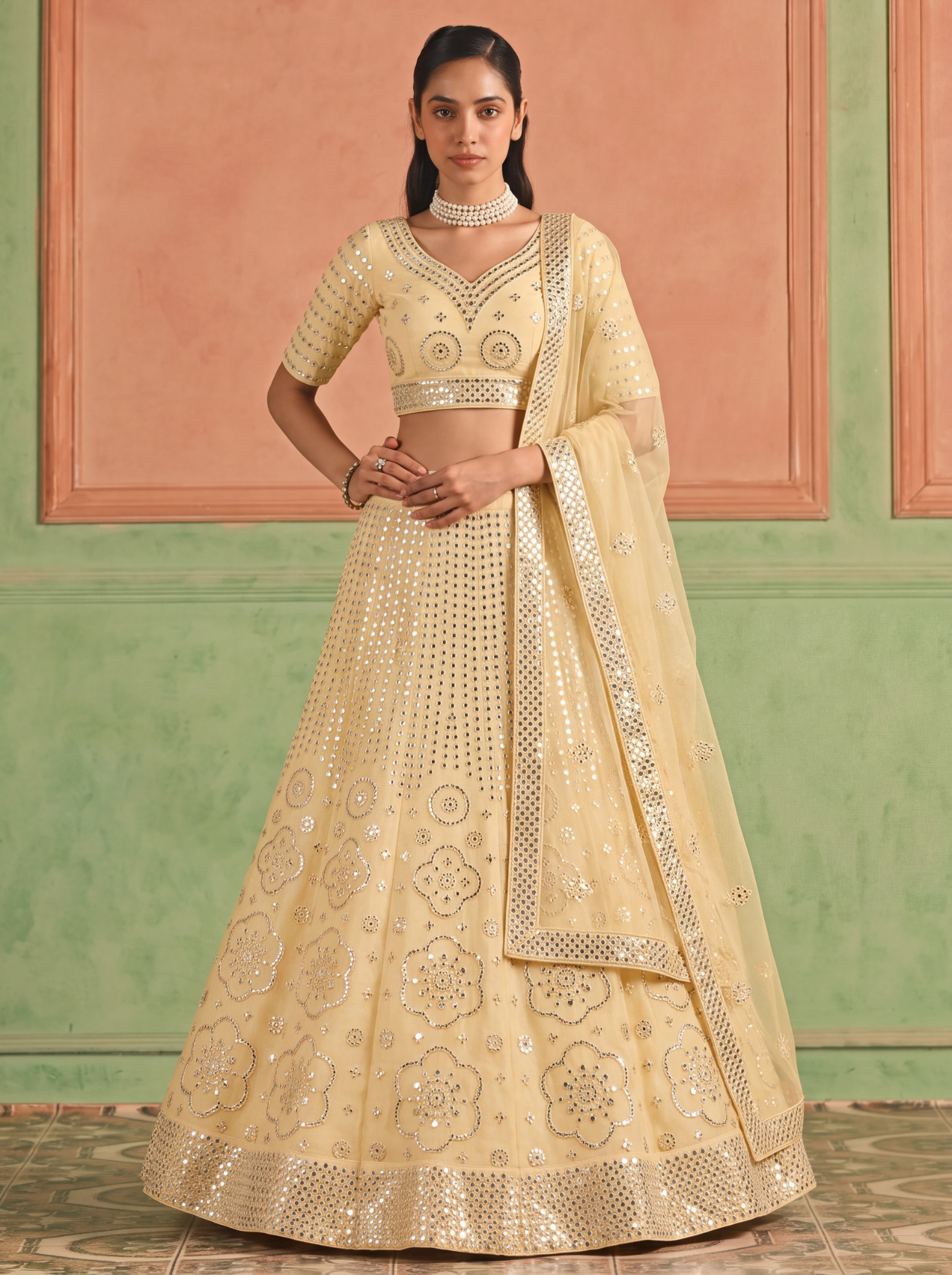 Yellow Foil Mirror Embroidered Organza Lehenga Choli