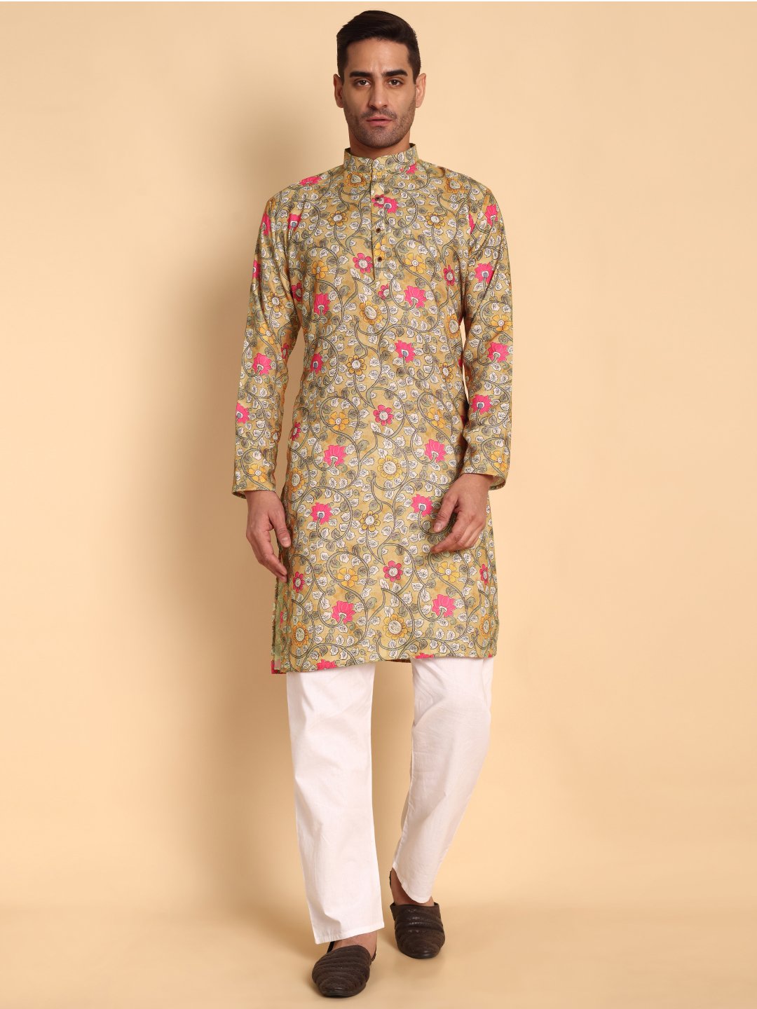 Yellow Geometric Designer Printed Cotton Kurta Pyjama