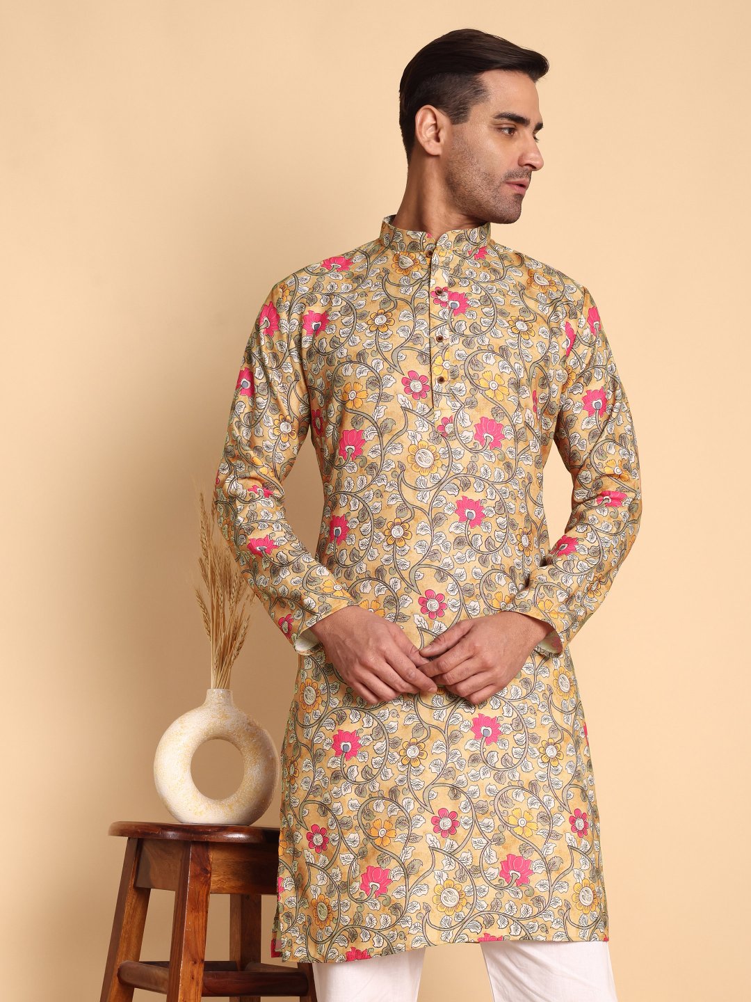 Yellow Geometric Designer Printed Cotton Kurta Pyjama