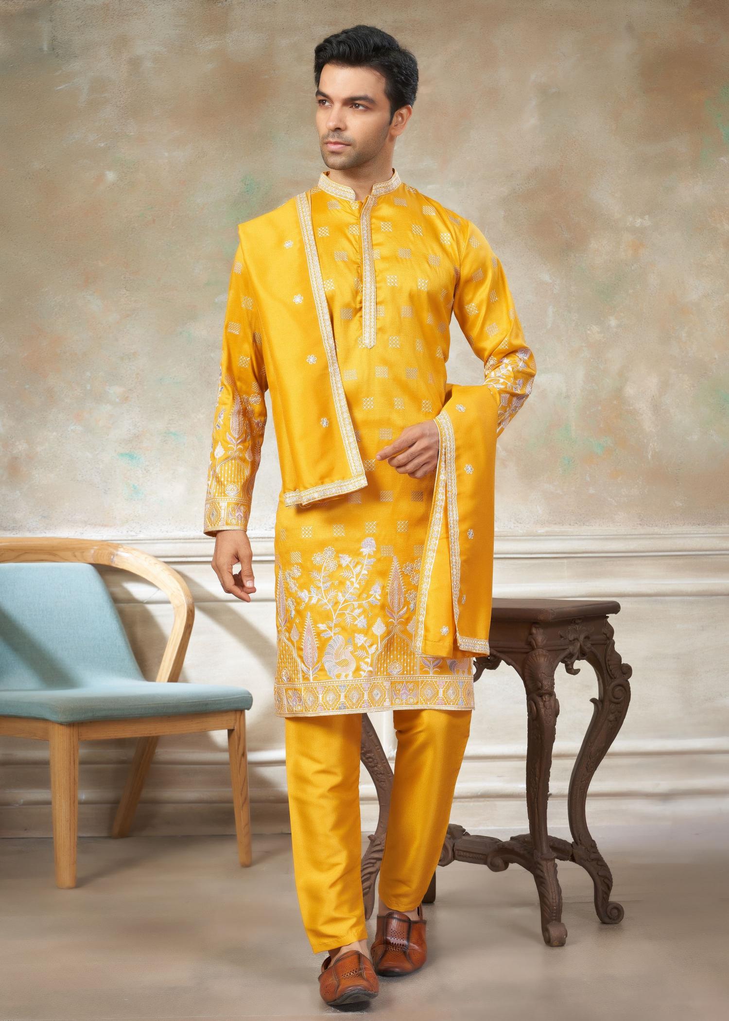 Yellow Geometric Embroidered Silk Kurta Pyjama