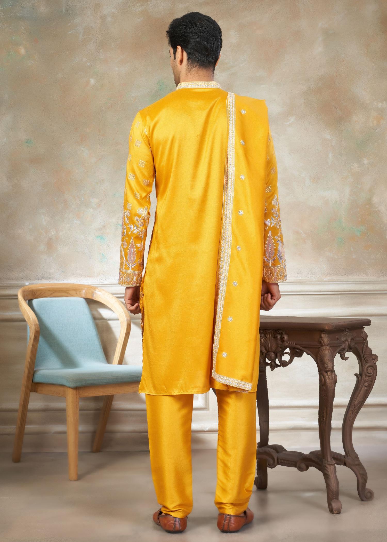 Yellow Geometric Embroidered Silk Kurta Pyjama — alternate view