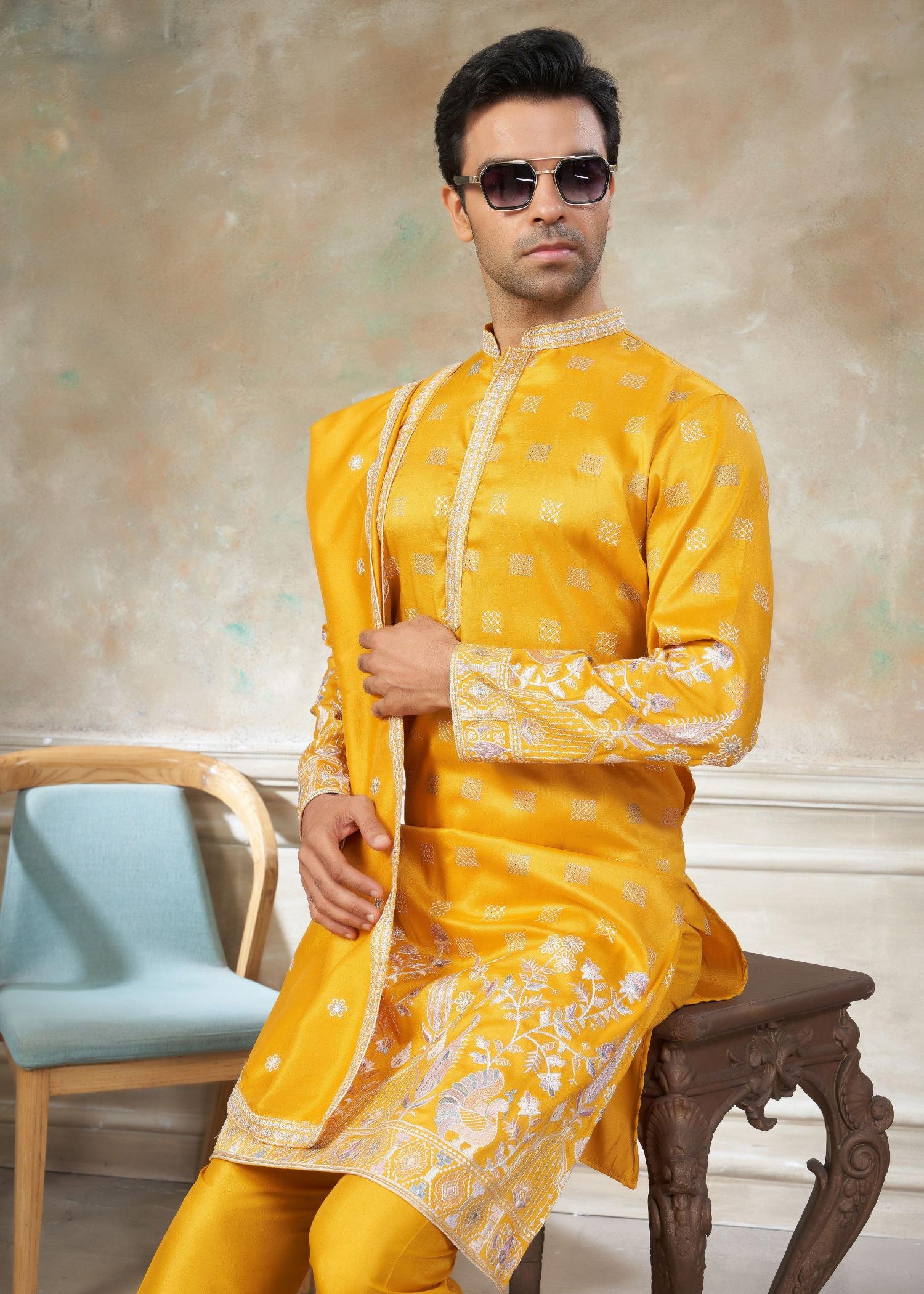 Yellow Geometric Embroidered Silk Kurta Pyjama