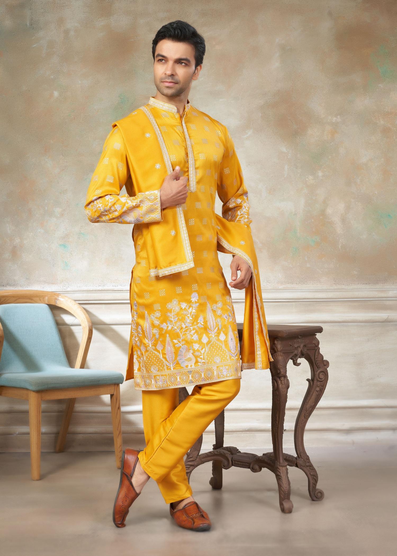 Yellow Geometric Embroidered Silk Kurta Pyjama